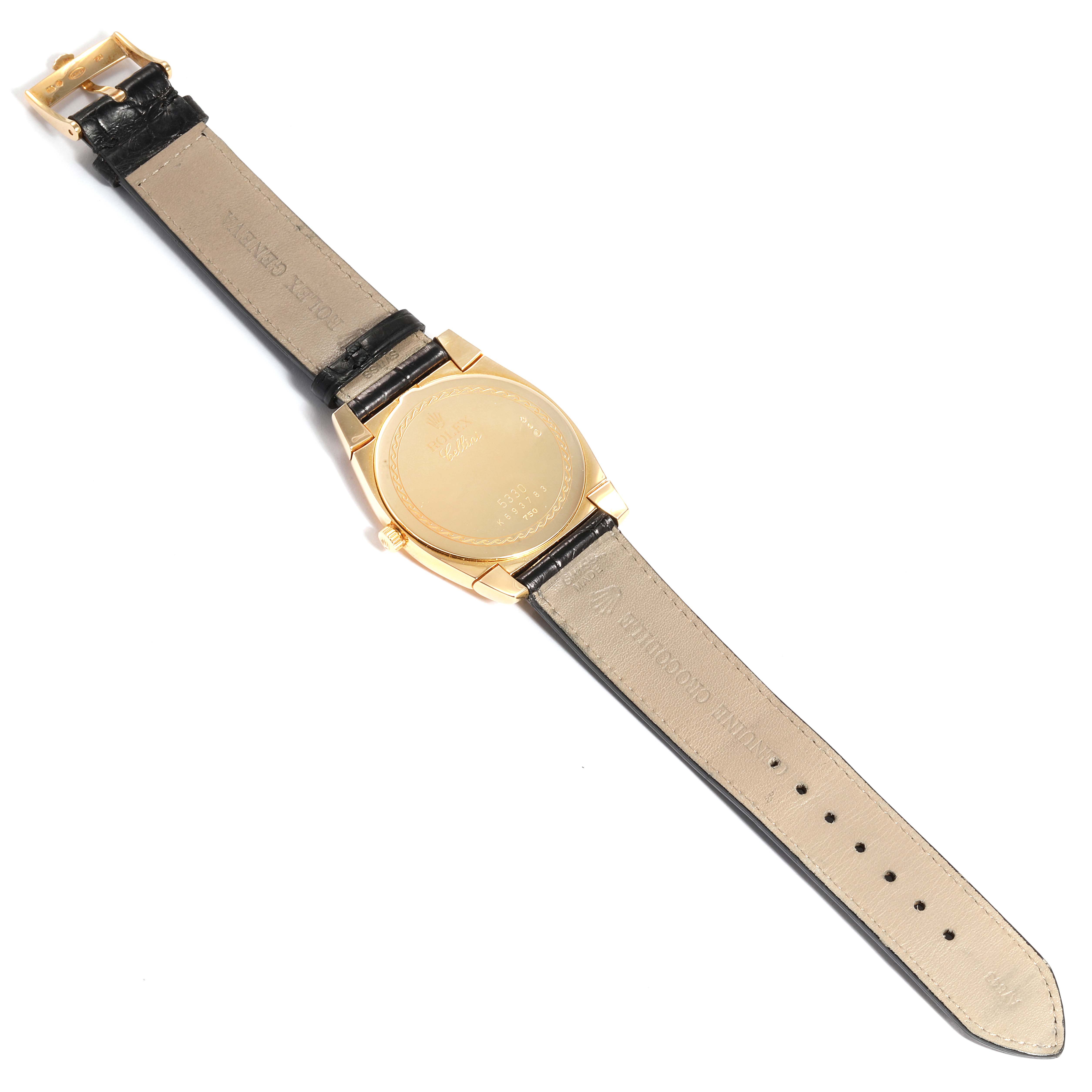 The image displays the back view of a Rolex Cellini 5330 Men's Yellow Gold White Dial 5330 Men's Yellow Gold White Dial watch, showing its case back and leather strap.