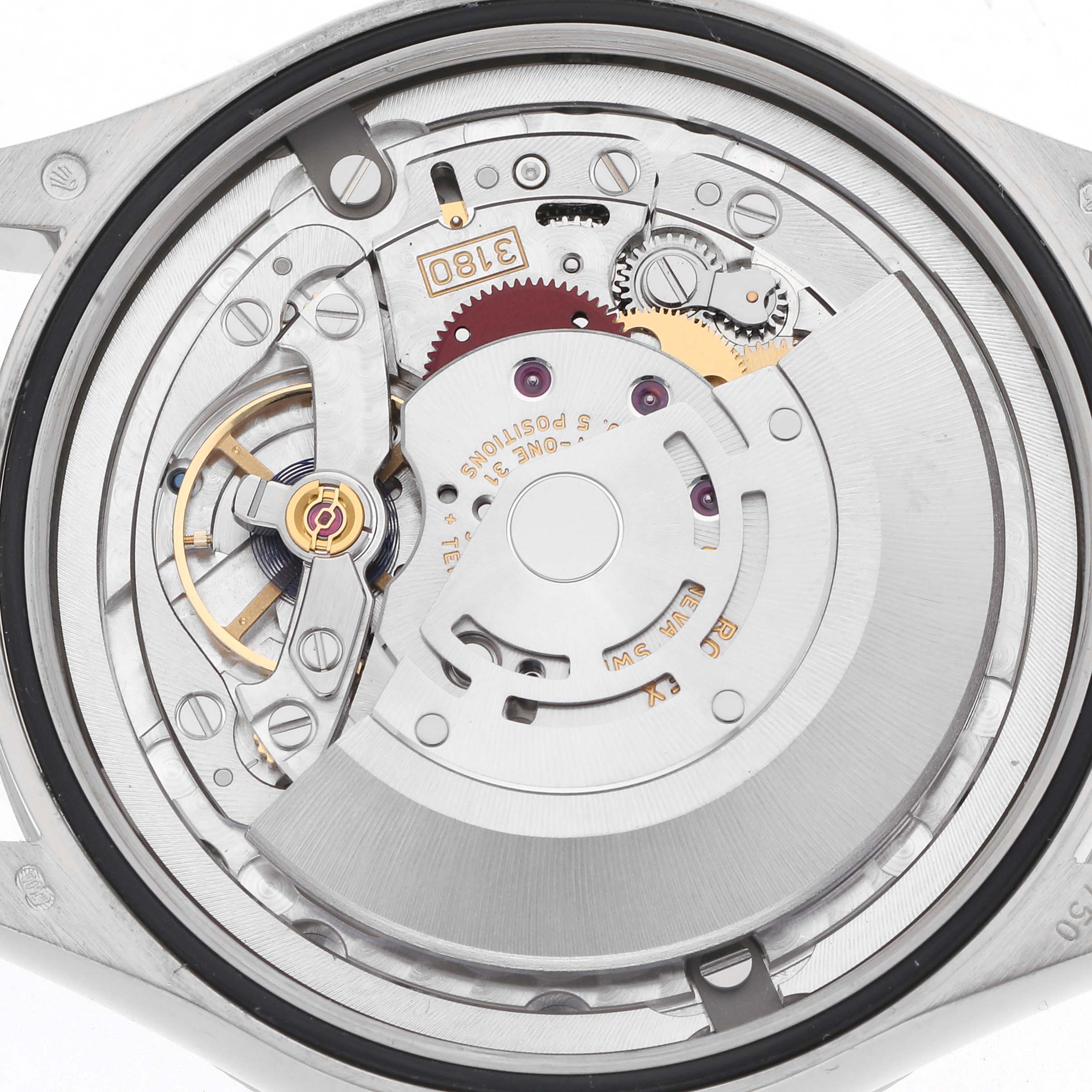 The image shows the intricate internal movement of the Rolex Cellini 50529 Men
s White Gold Silver Dial 50529 Men
s White Gold Silver Dial watch, viewed from the back.