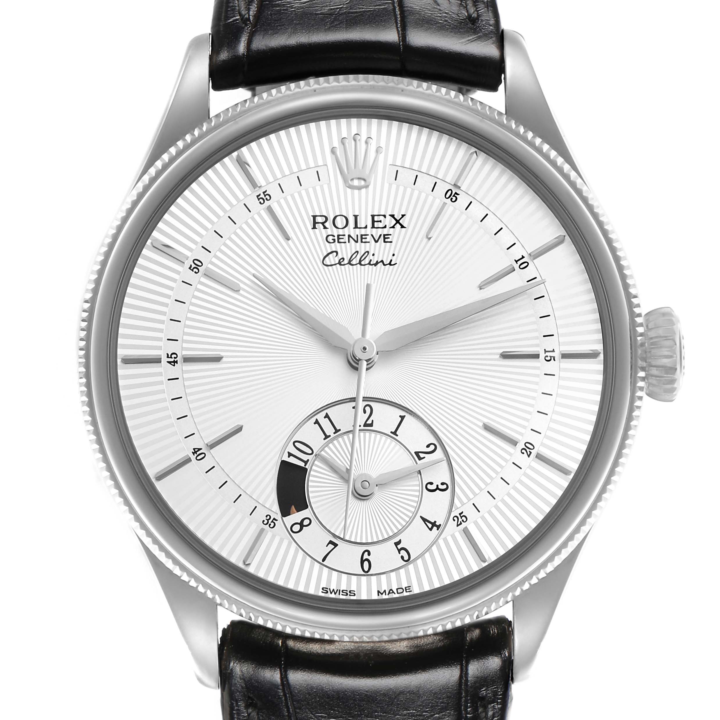 The Rolex Cellini 50529 Men
s White Gold Silver Dial 50529 Men
s White Gold Silver Dial watch is shown from the front, displaying its dial, hands, crown, and leather strap.