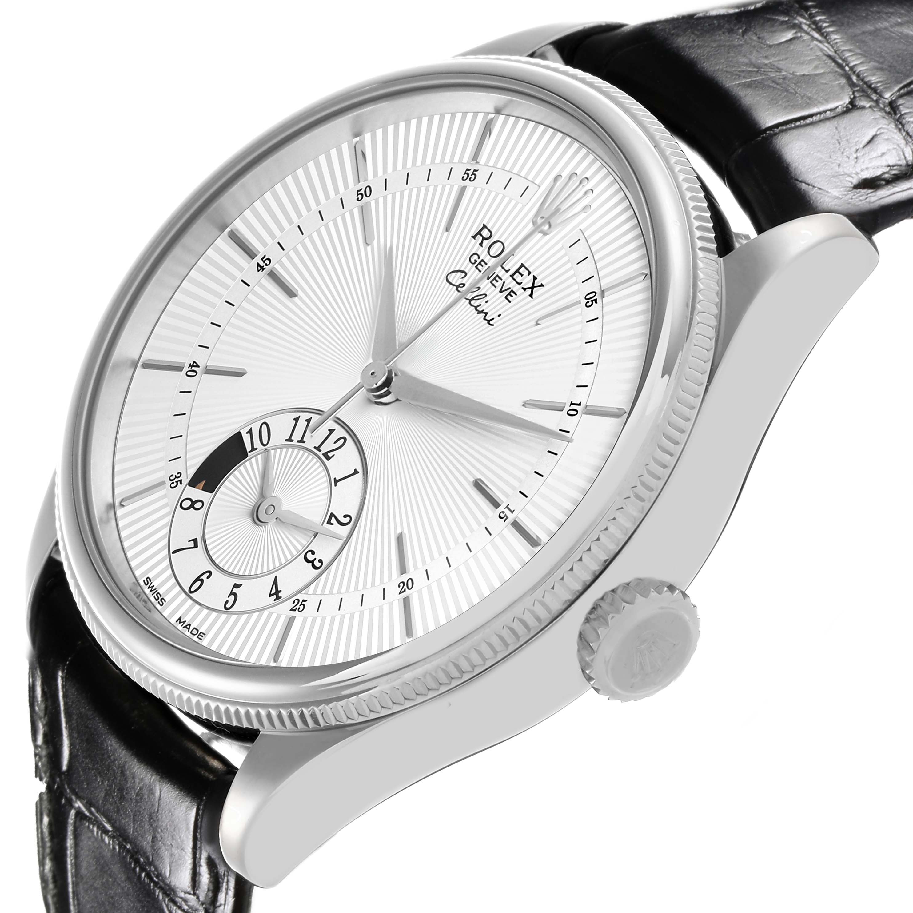 The Rolex Cellini 50529 Men
s White Gold Silver Dial 50529 Men
s White Gold Silver Dial watch is shown from a side angle, highlighting the dial, crown, and part of the leather strap.