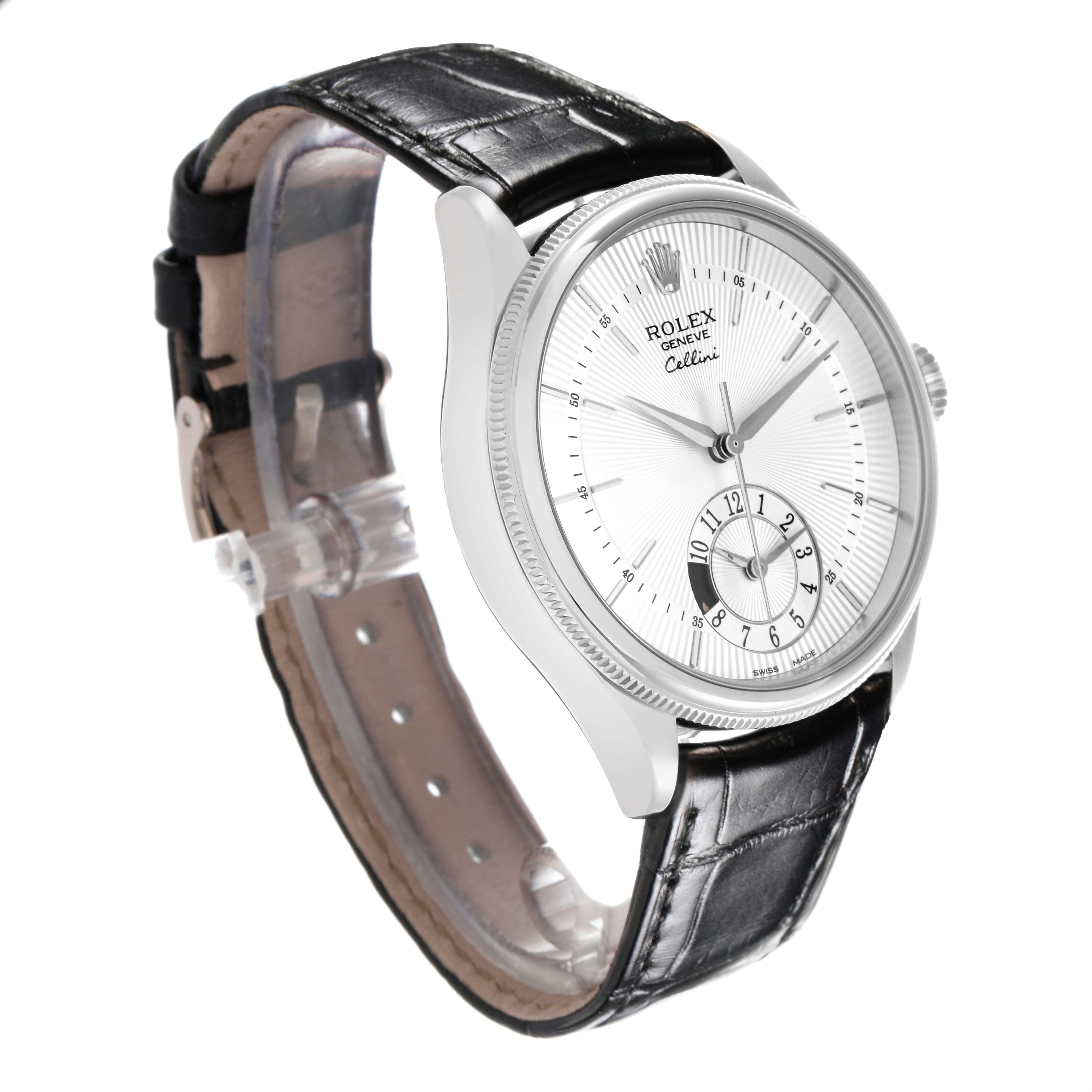 The Rolex Cellini 50529 Men
s White Gold Silver Dial 50529 Men
s White Gold Silver Dial watch is shown at an angled side view, highlighting the face, bezel, case, and black leather strap.