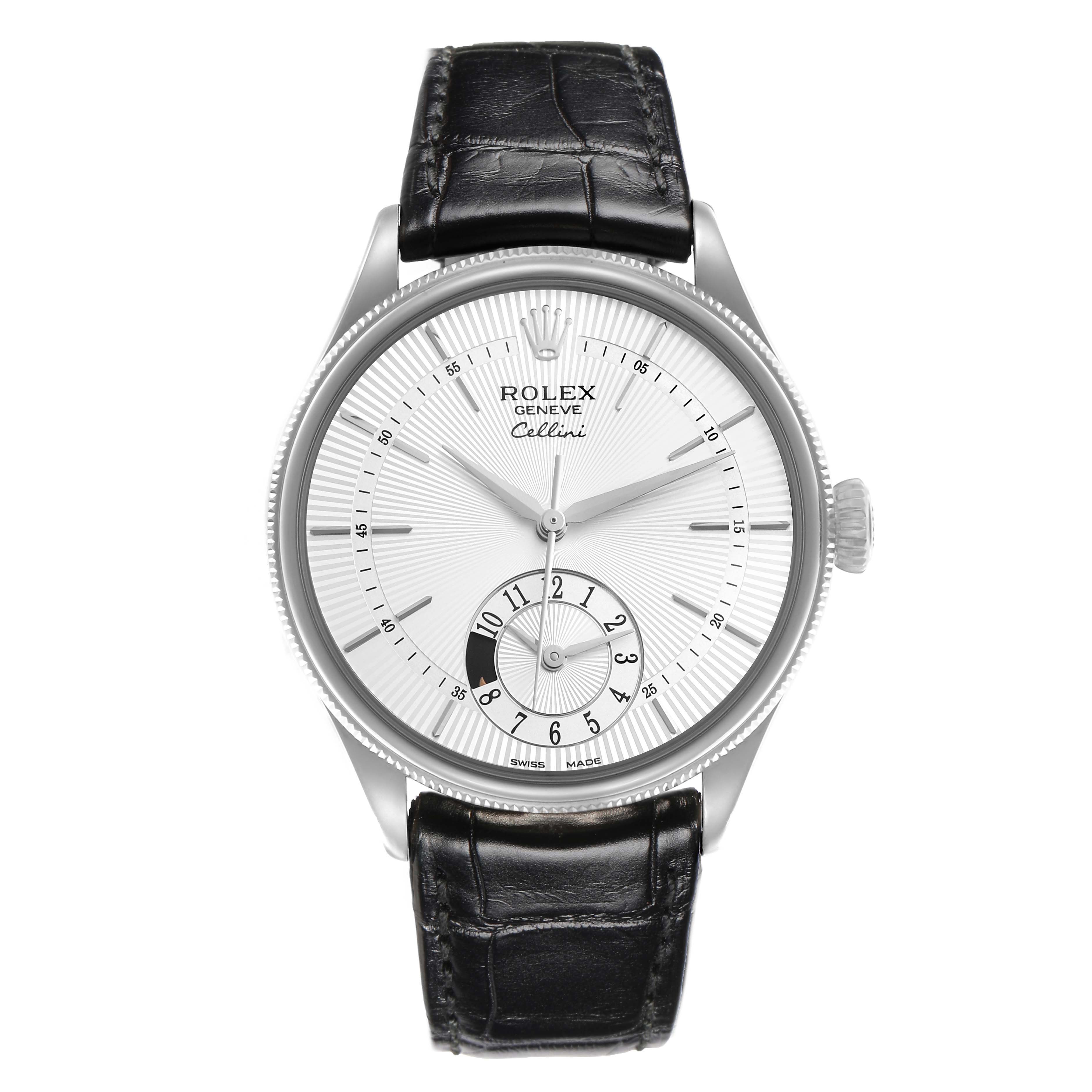 The Rolex Cellini 50529 Men
s White Gold Silver Dial 50529 Men
s White Gold Silver Dial watch is shown from a front angle displaying the dial, hands, and black leather strap.