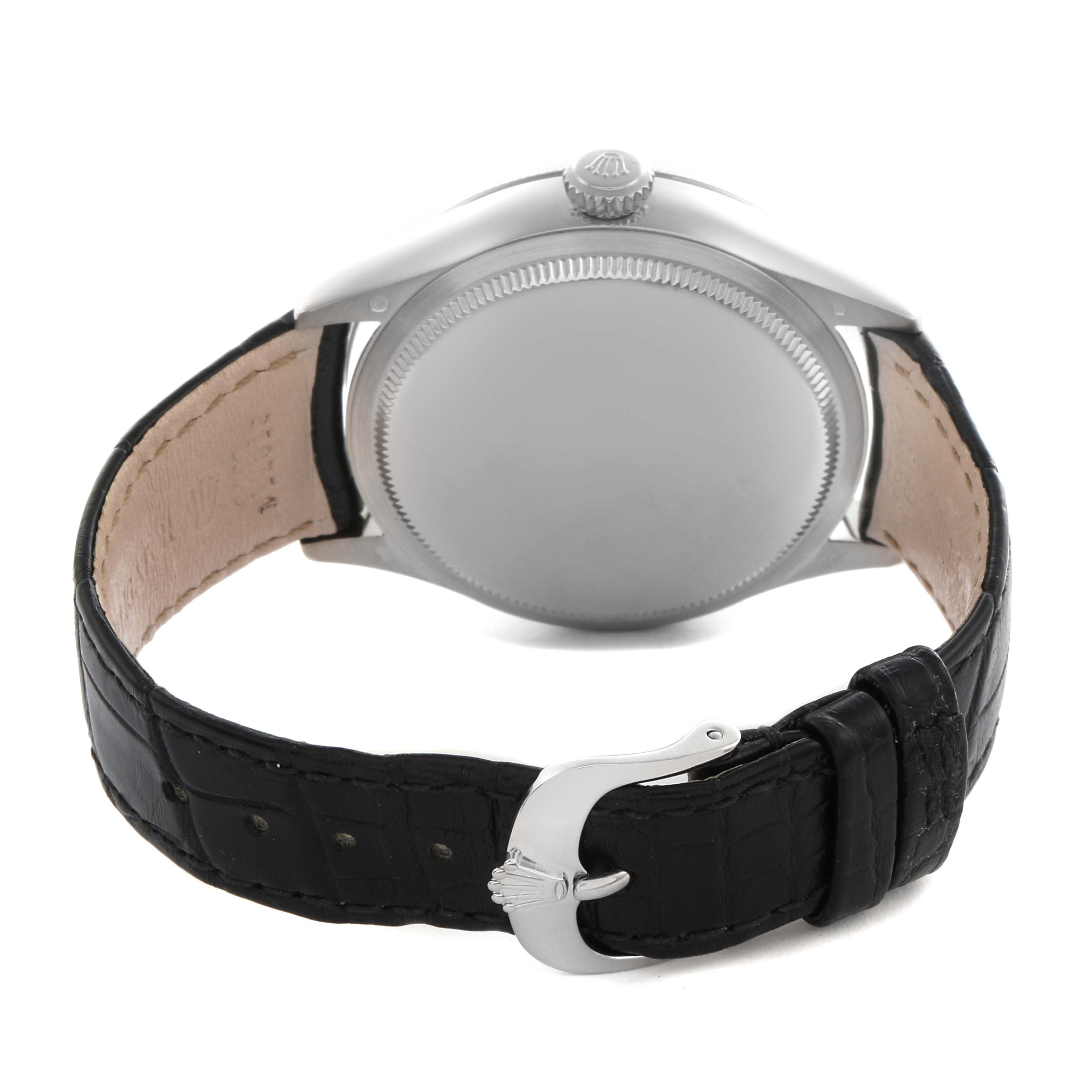 The image shows the back case and leather strap of a Rolex Cellini 50529 Men
s White Gold Silver Dial 50529 Men
s White Gold Silver Dial watch, viewed from the rear angle.