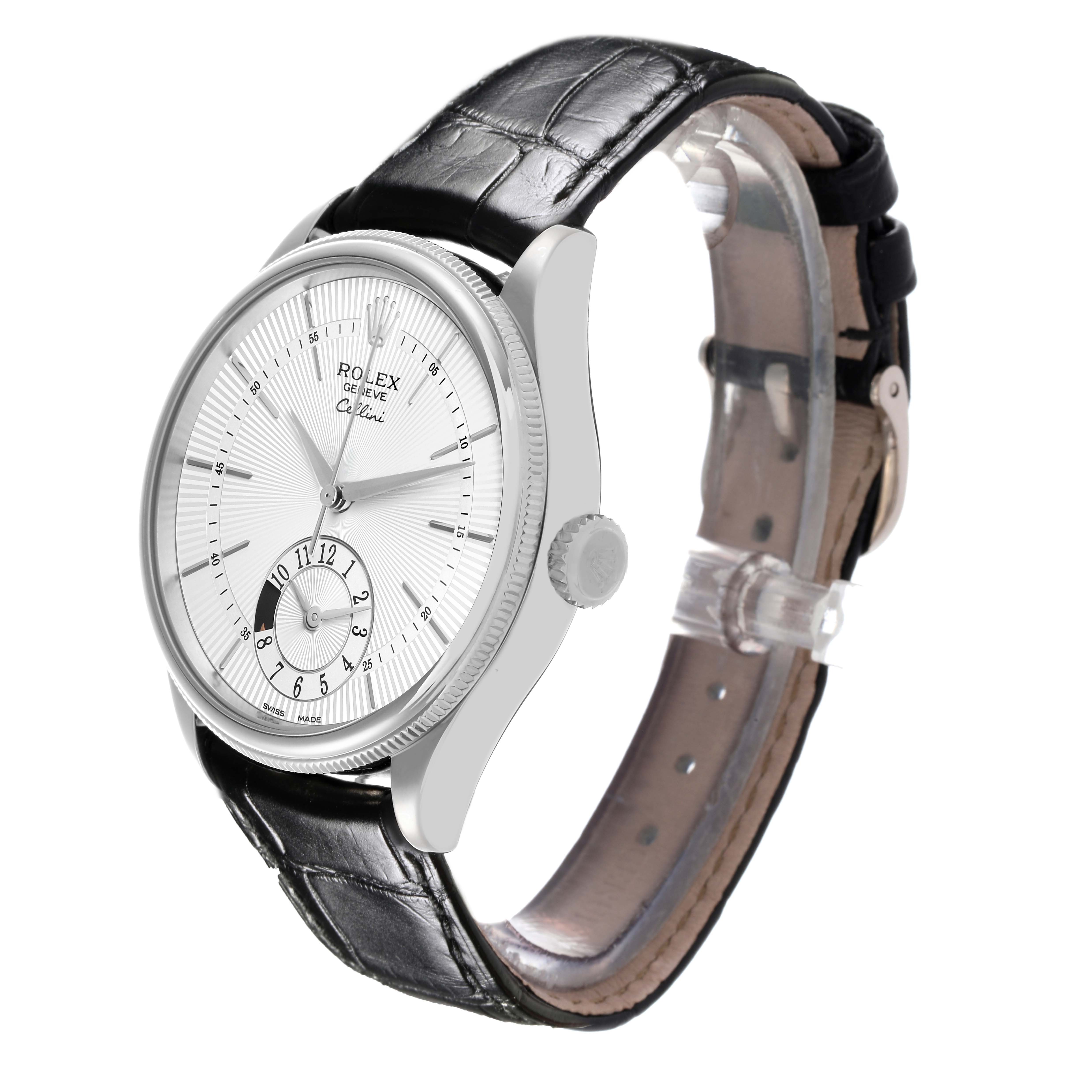 The Rolex Cellini 50529 Men
s White Gold Silver Dial 50529 Men
s White Gold Silver Dial watch is shown at a three-quarter angle, highlighting the face, bezel, crown, and leather strap.