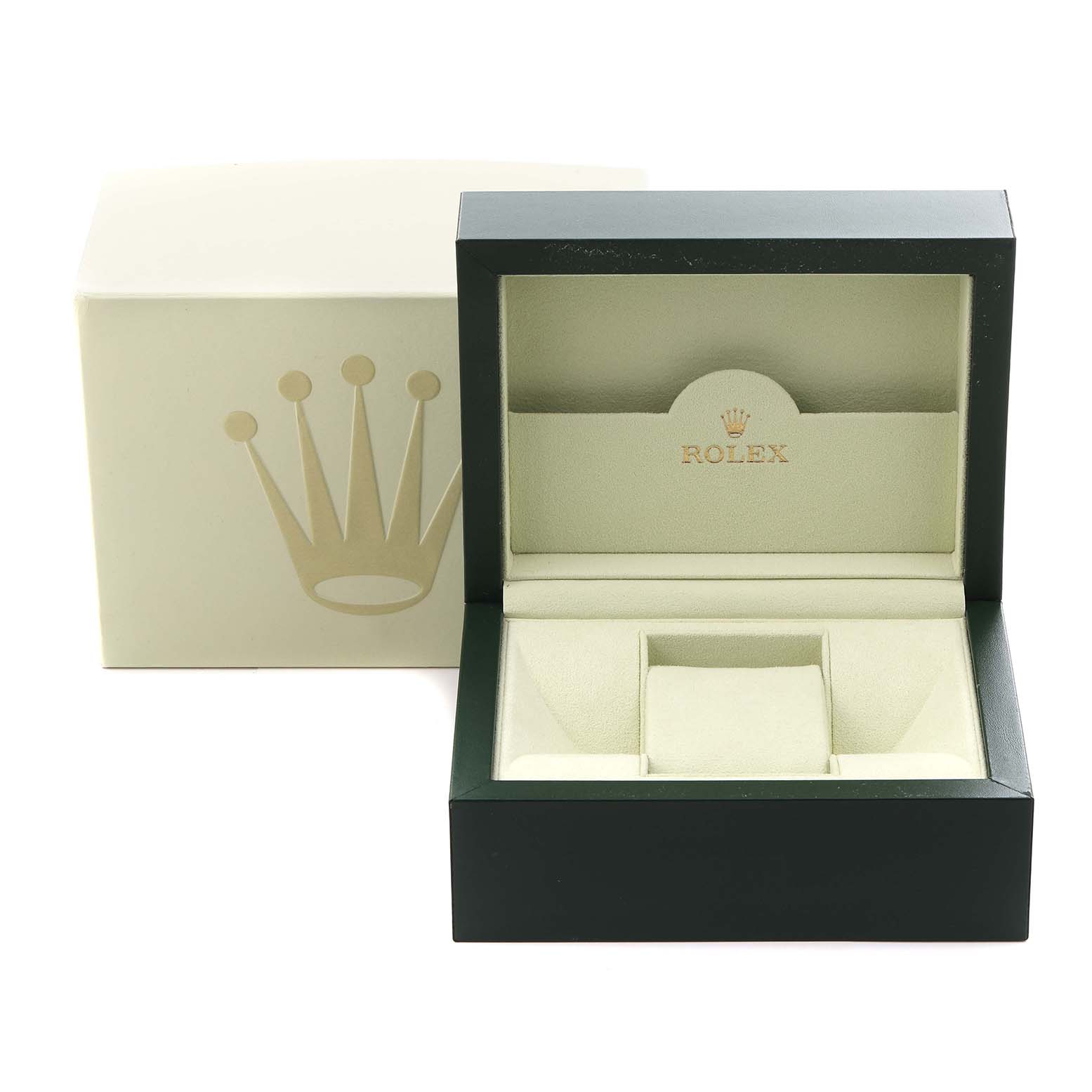 The image shows an open Rolex Cellini 50529 Men
s White Gold Silver Dial 50529 Men
s White Gold Silver Dial watch box from a front angle, with its lid up and a separate outer box beside it.