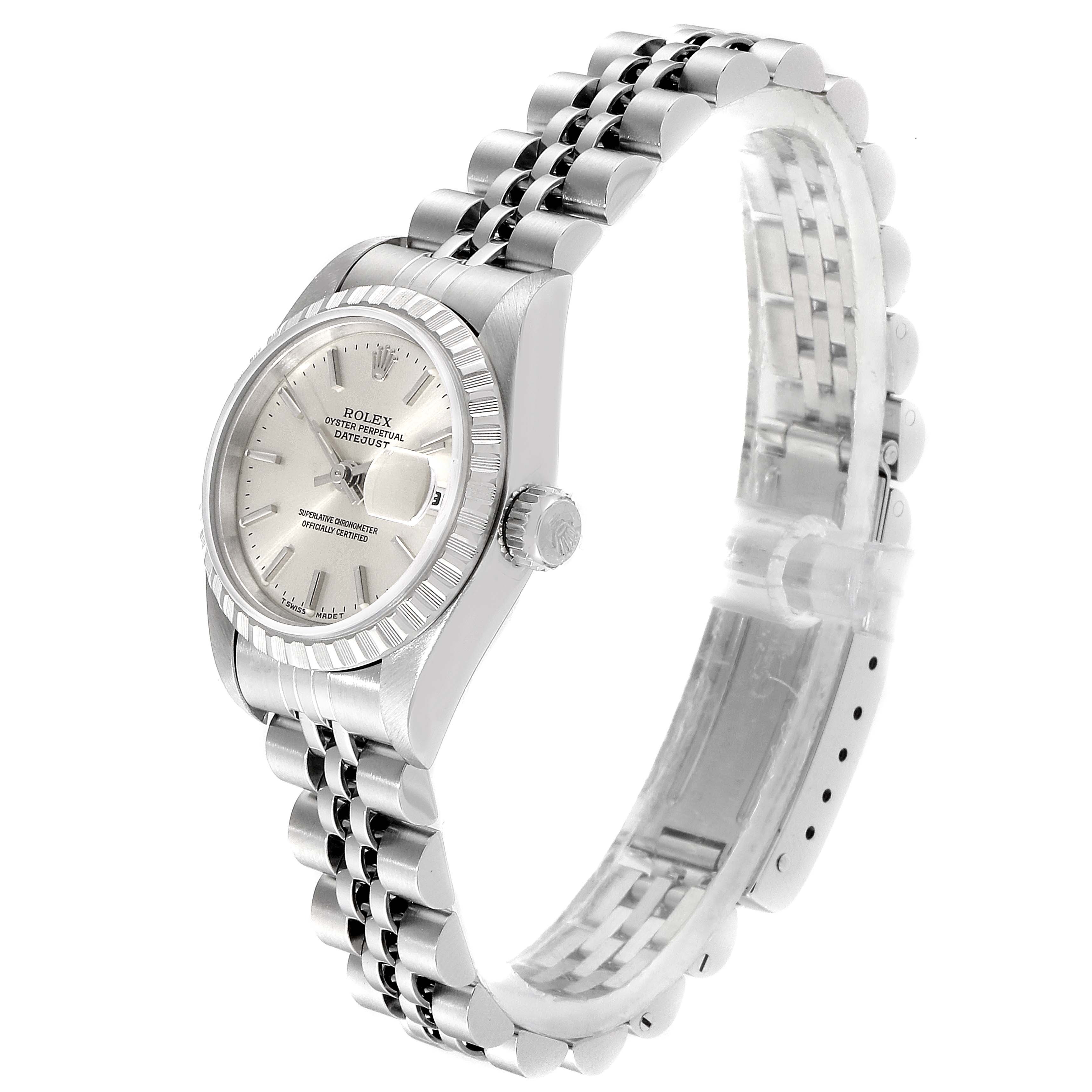 This Rolex Datejust 69240  Women
s Stainless Steel Silver Dial 69240  Women
s Stainless Steel Silver Dial watch is shown from a three-quarter angle, highlighting the face, bezel, crown, and bracelet.
