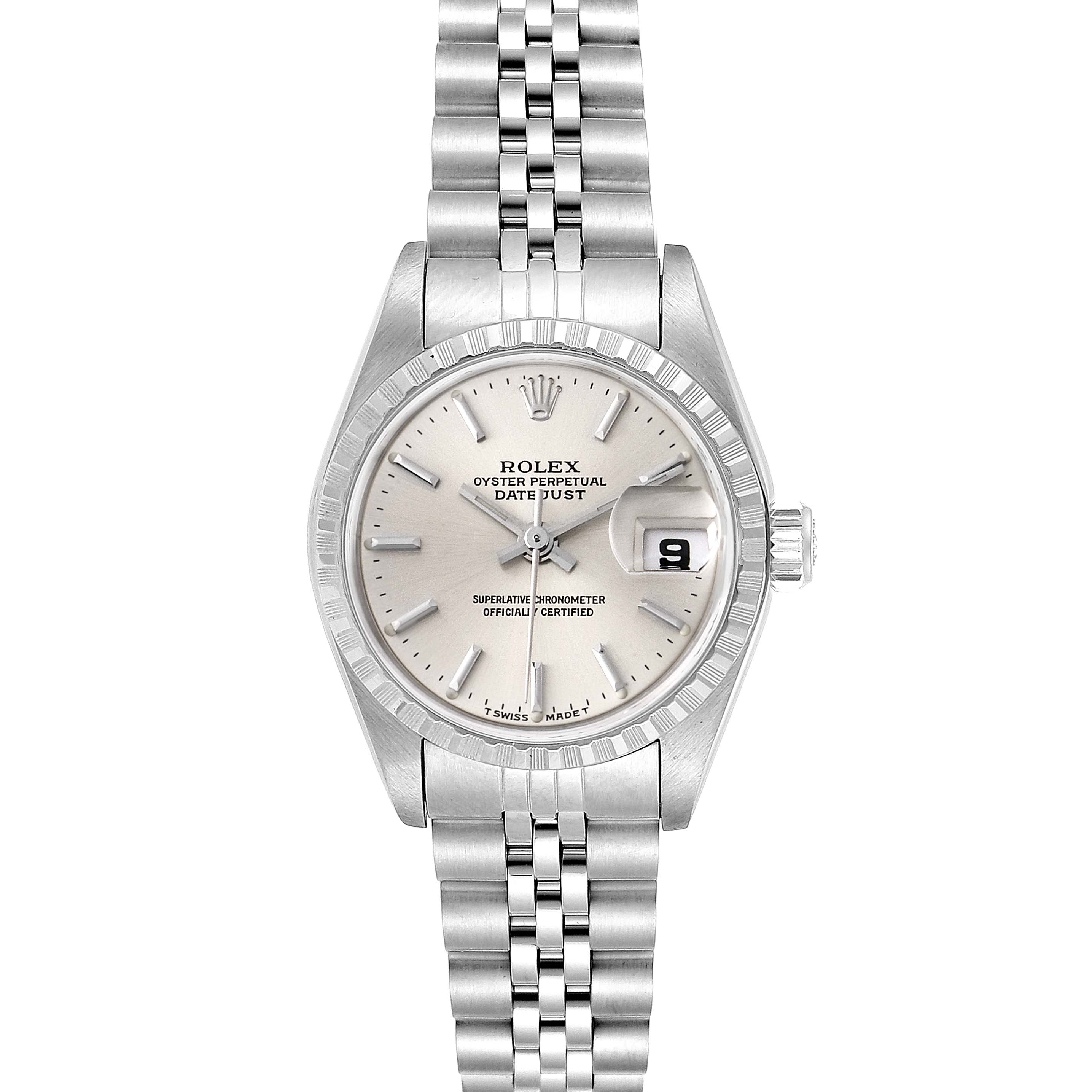 The image shows a Rolex Datejust 69240  Women
s Stainless Steel Silver Dial 69240  Women
s Stainless Steel Silver Dial watch from a top-down angle, highlighting the face, bezel, and bracelet.