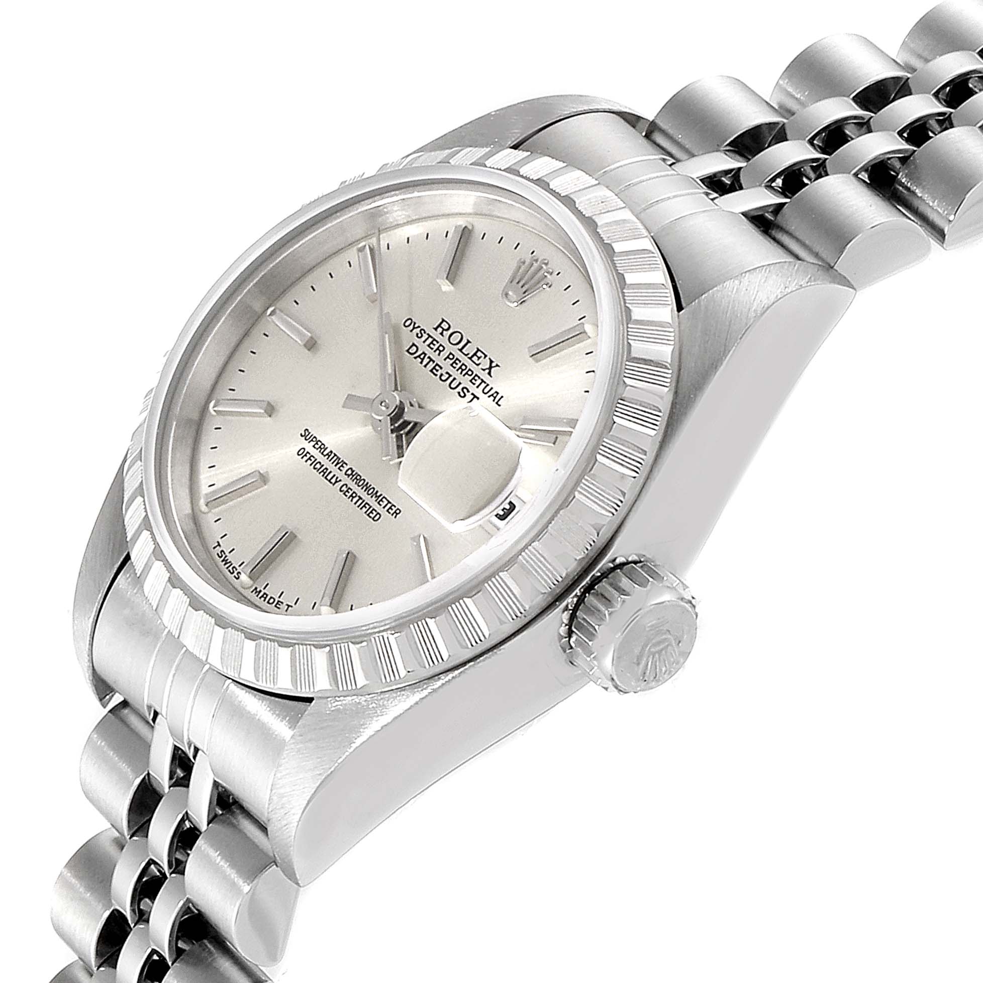 The image shows a side angle of the Rolex Datejust 69240  Women
s Stainless Steel Silver Dial 69240  Women
s Stainless Steel Silver Dial, displaying the dial, bezel, crown, and part of the bracelet.