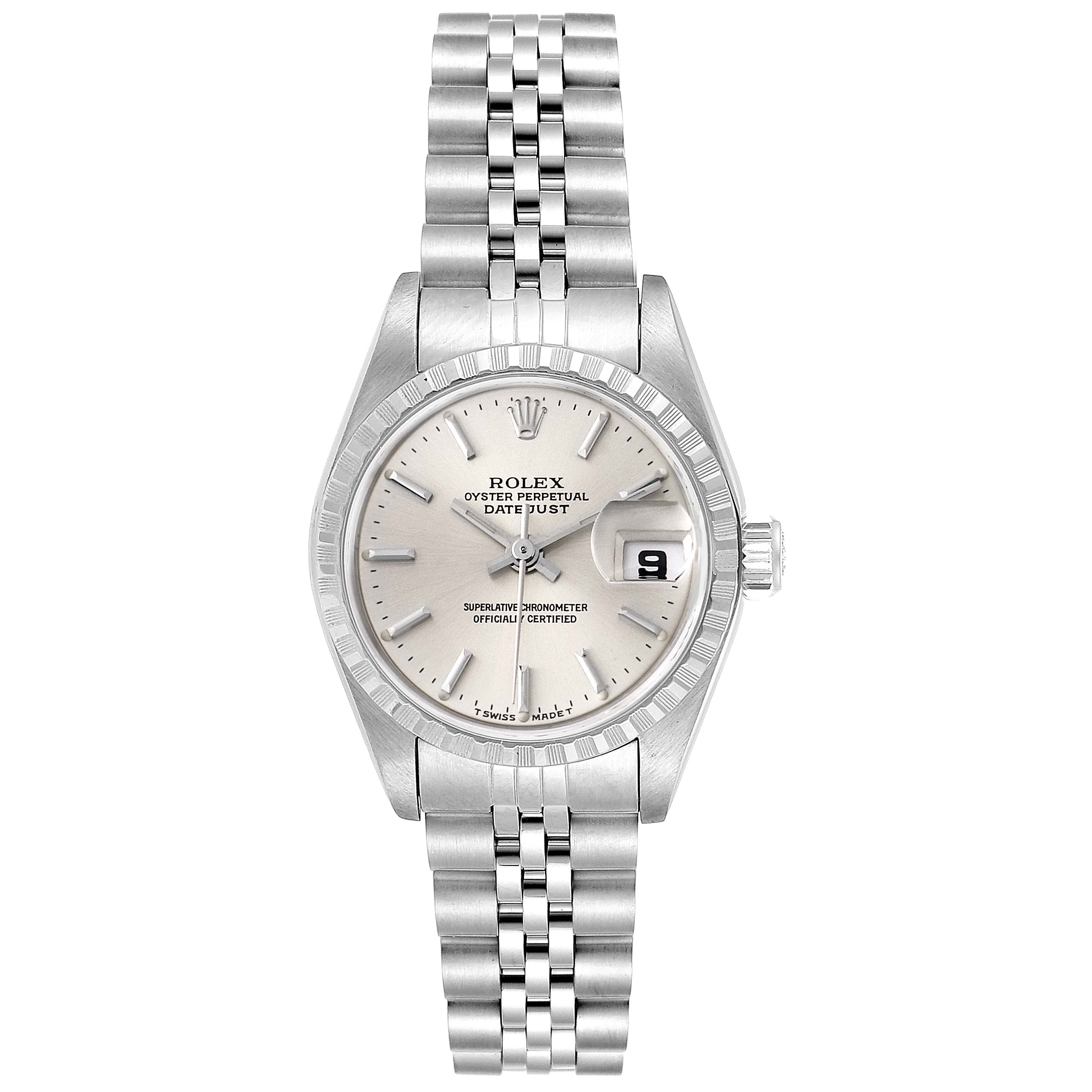 This Rolex Datejust 69240  Women
s Stainless Steel Silver Dial 69240  Women
s Stainless Steel Silver Dial watch is shown from a top-down angle, displaying the dial, bezel, bracelet, and date window.