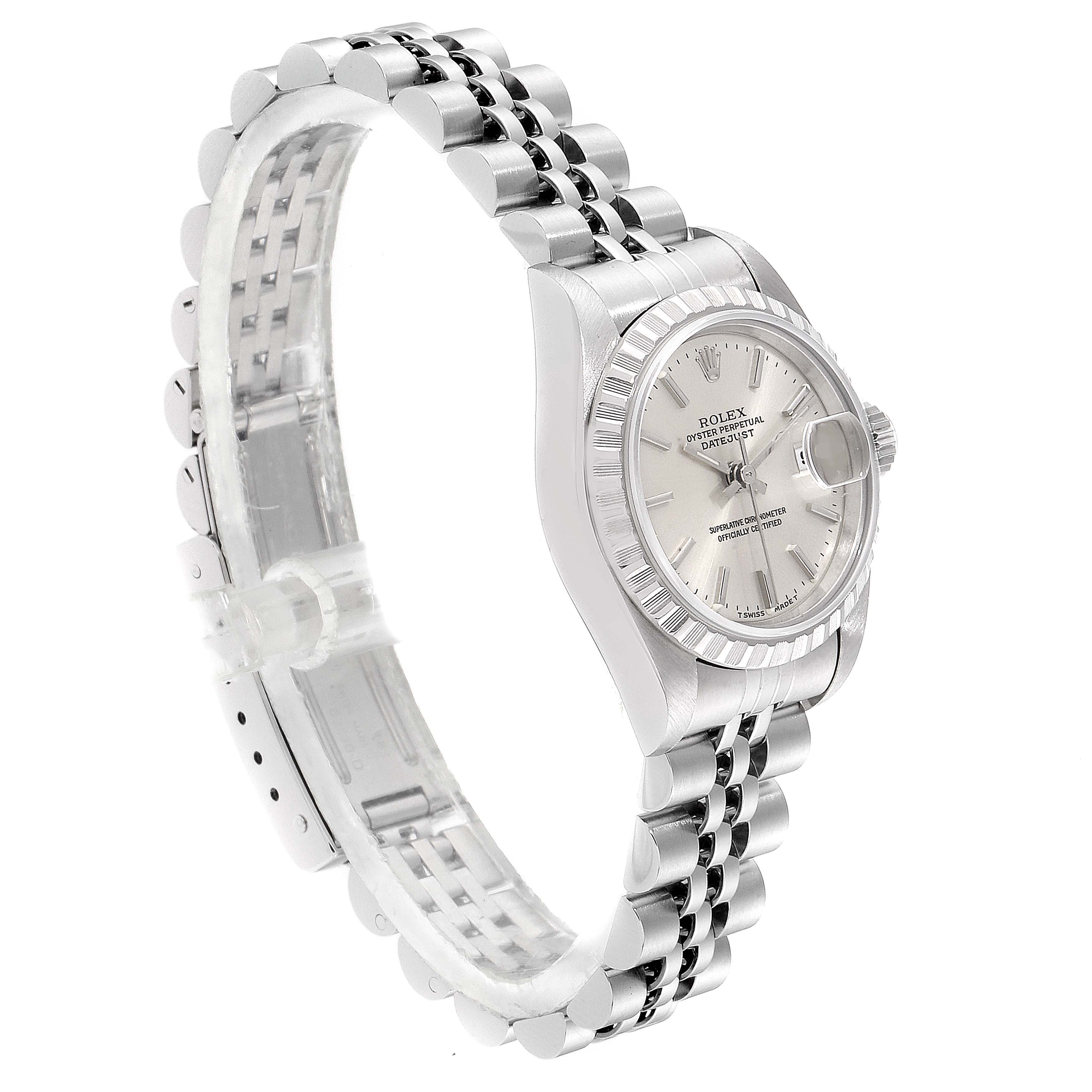 This image shows a side angle of the Rolex Datejust 69240  Women
s Stainless Steel Silver Dial 69240  Women
s Stainless Steel Silver Dial watch displaying its face and bracelet.