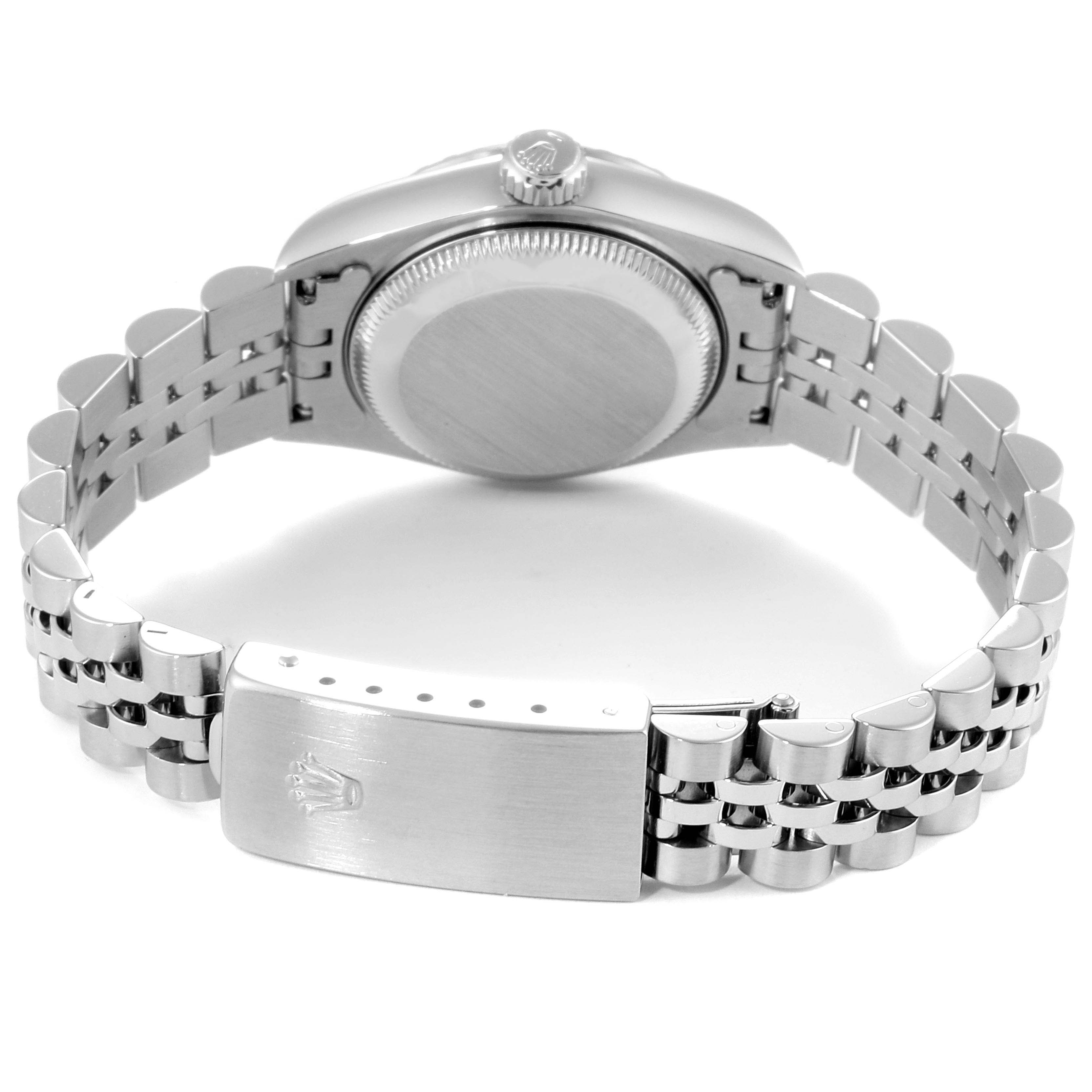 The image shows the back case and bracelet of a Rolex Datejust 69240  Women
s Stainless Steel Silver Dial 69240  Women
s Stainless Steel Silver Dial watch, including the clasp and crown.