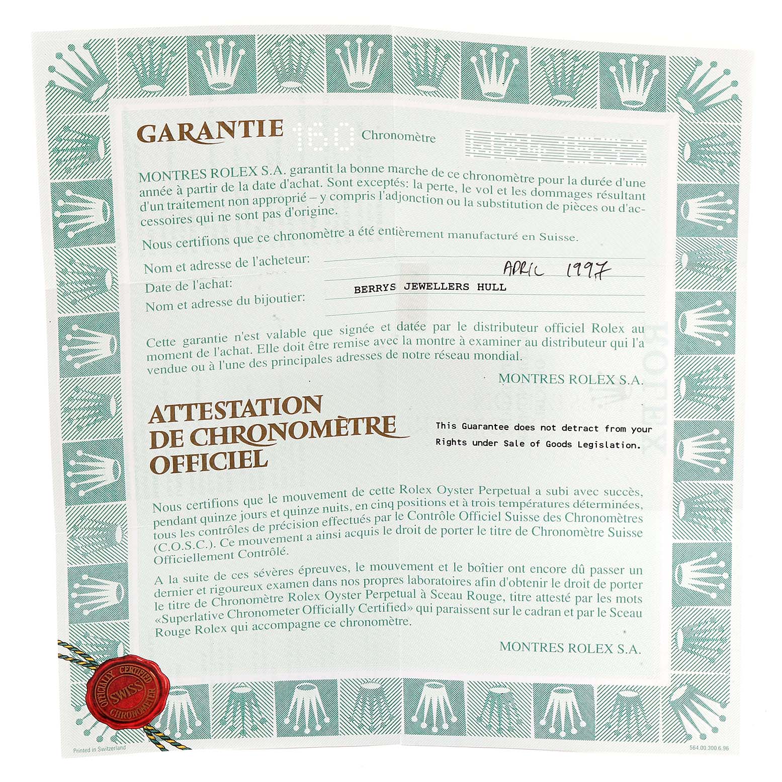 This image shows the warranty certificate for a Rolex Datejust 69240  Women
s Stainless Steel Silver Dial 69240  Women
s Stainless Steel Silver Dial model, detailing purchase information and official chronometer certification.