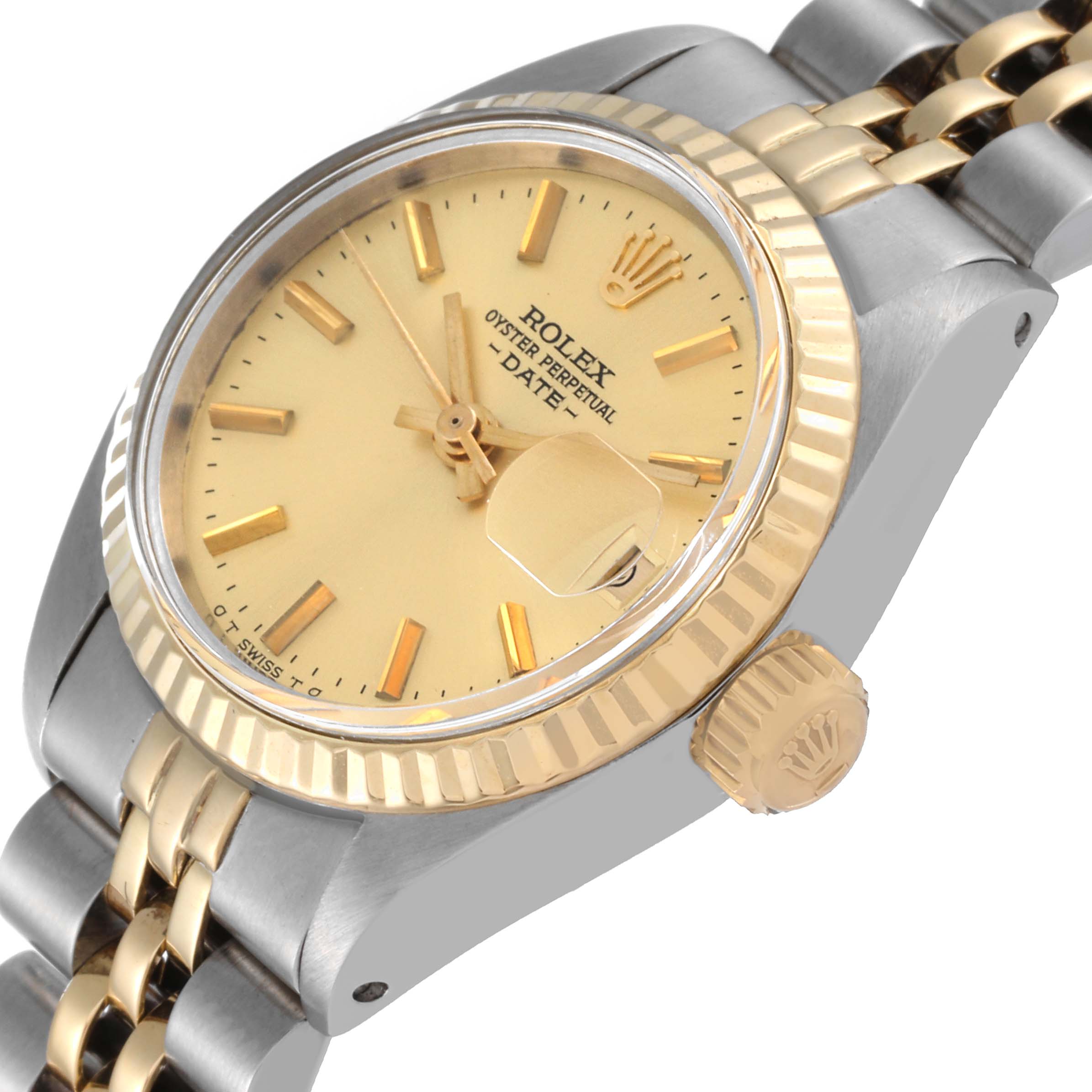 This image shows a close-up angle of a Rolex Date 6917 Women's Steel and Gold (two tone) Champagne Dial 6917 Women's Steel and Gold (two tone) Champagne Dial model, emphasizing its dial, bezel, and crown.