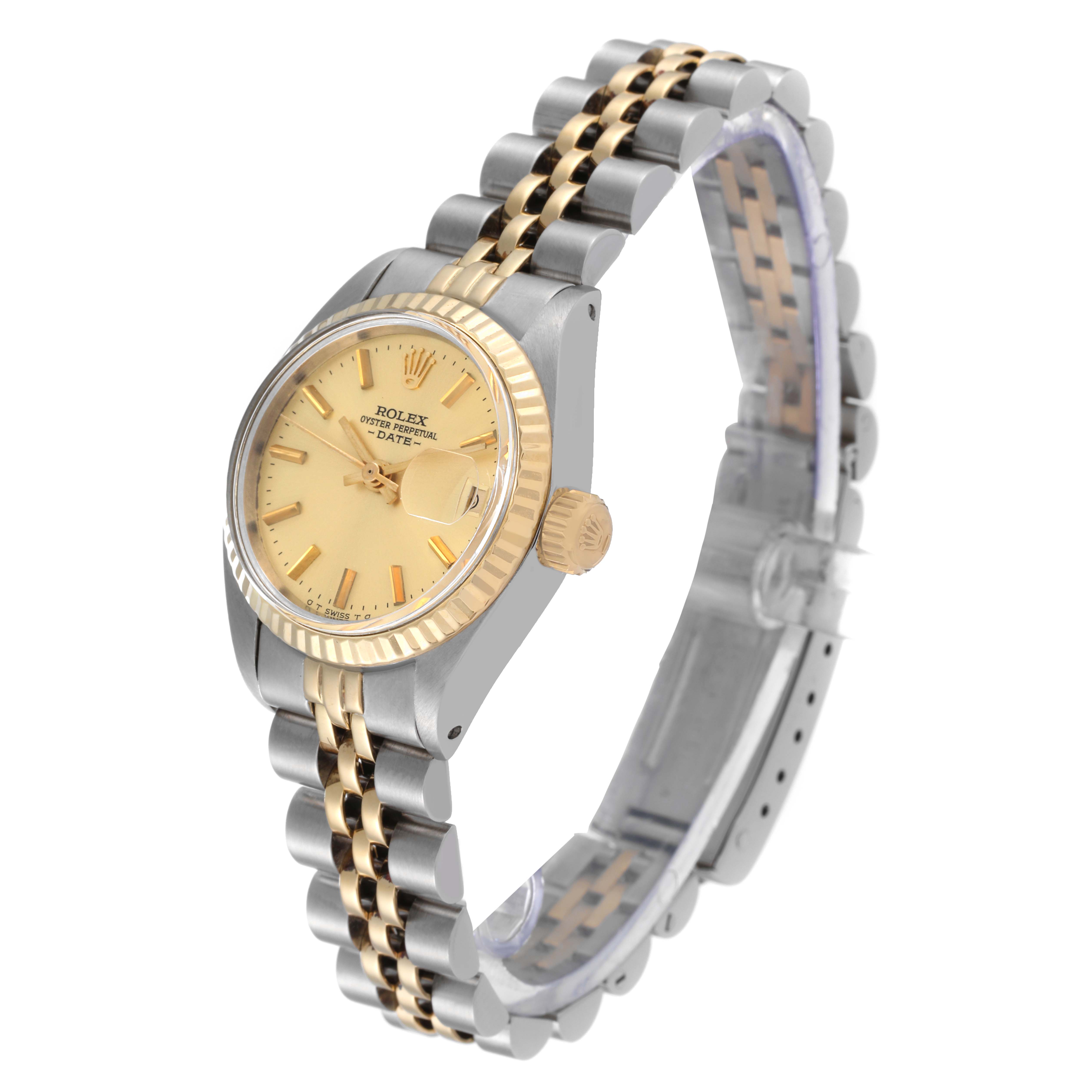 The Rolex Date 6917 Women's Steel and Gold (two tone) Champagne Dial 6917 Women's Steel and Gold (two tone) Champagne Dial watch is shown at a slight angle, displaying the face, bezel, crown, and bracelet.