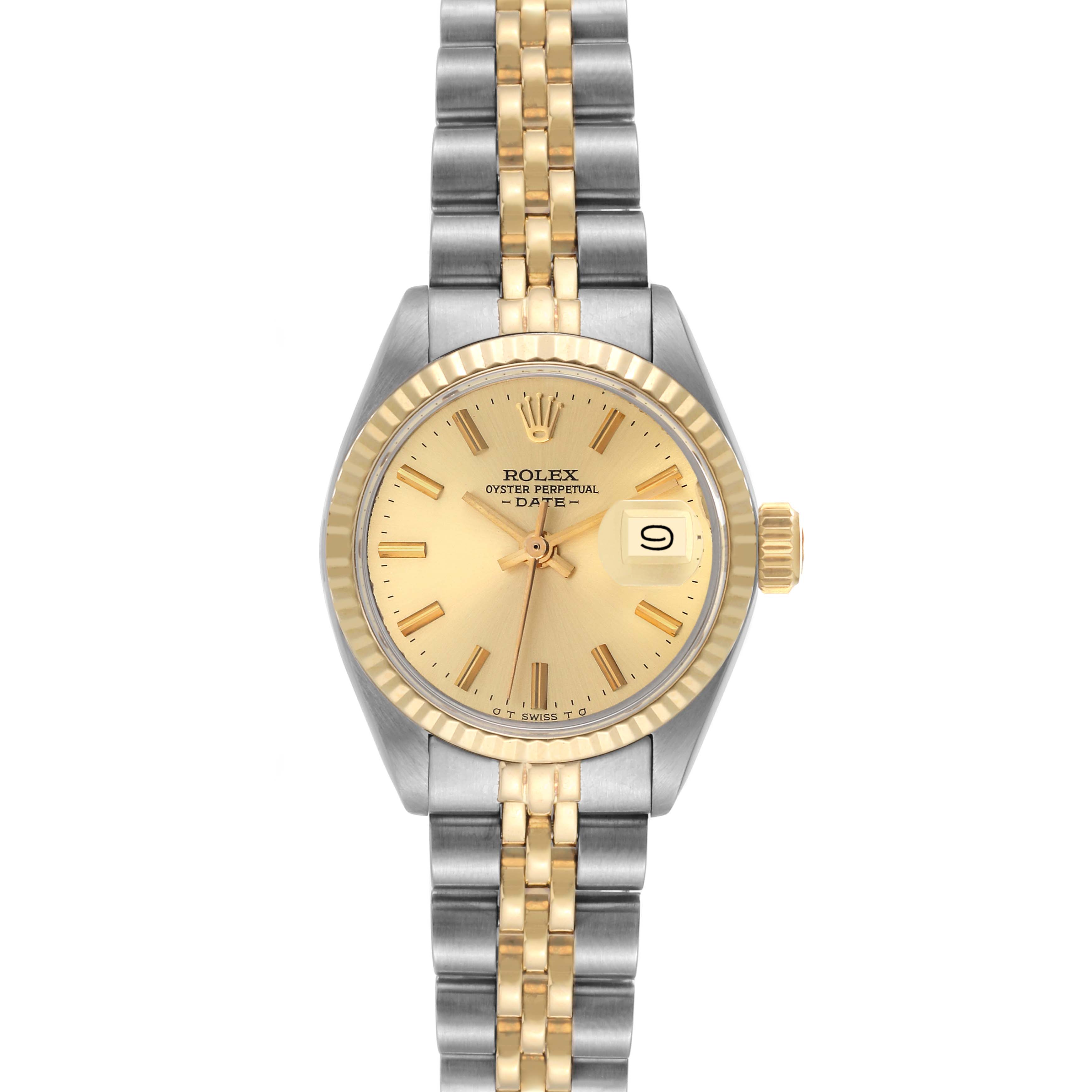 This image shows a Rolex Date 6917 Women's Steel and Gold (two tone) Champagne Dial 6917 Women's Steel and Gold (two tone) Champagne Dial model watch from the front, displaying the dial, bezel, bracelet, and date window.