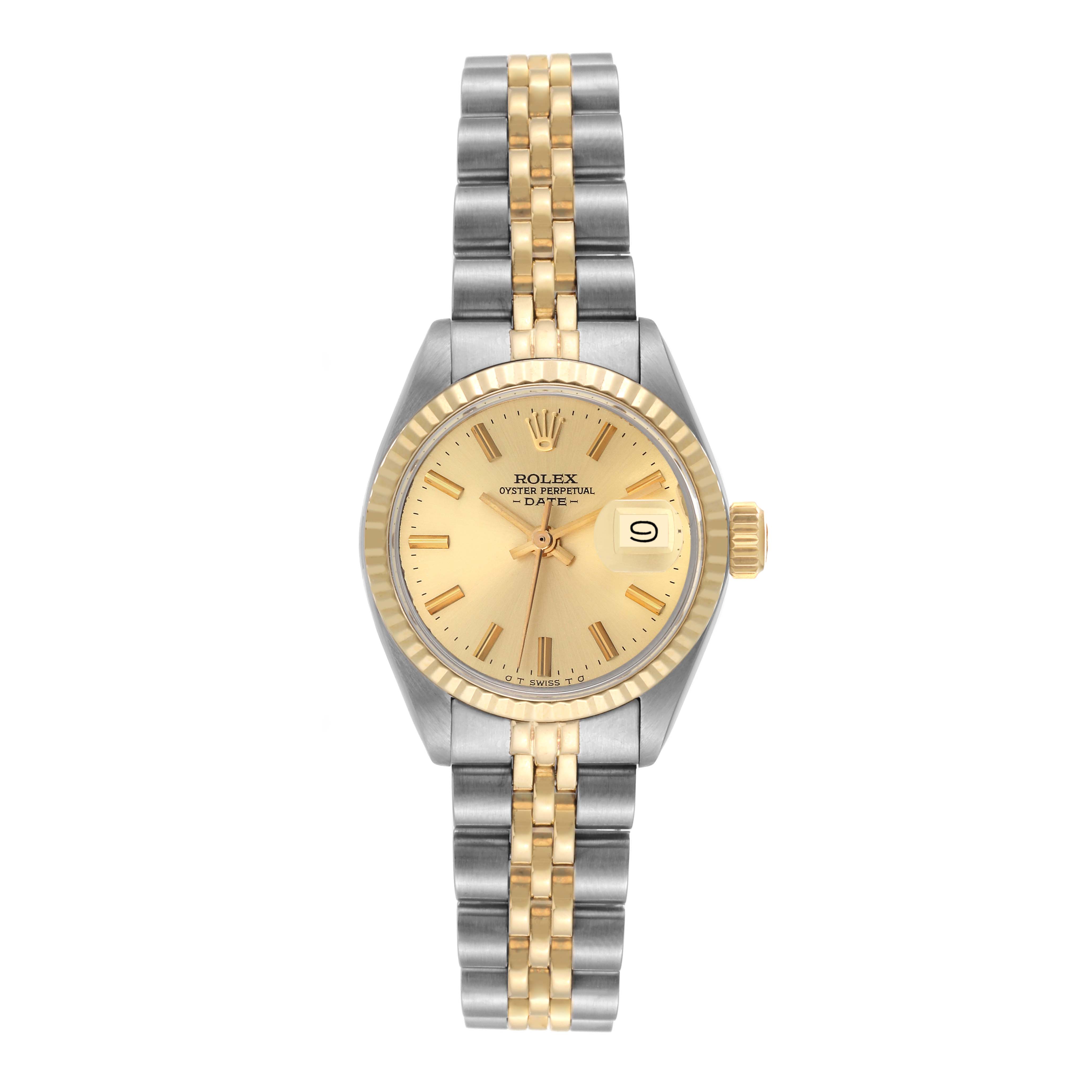 This is a front view of a Rolex Date 6917 Women's Steel and Gold (two tone) Champagne Dial 6917 Women's Steel and Gold (two tone) Champagne Dial model watch showcasing its dial, bezel, crown, and two-tone bracelet.