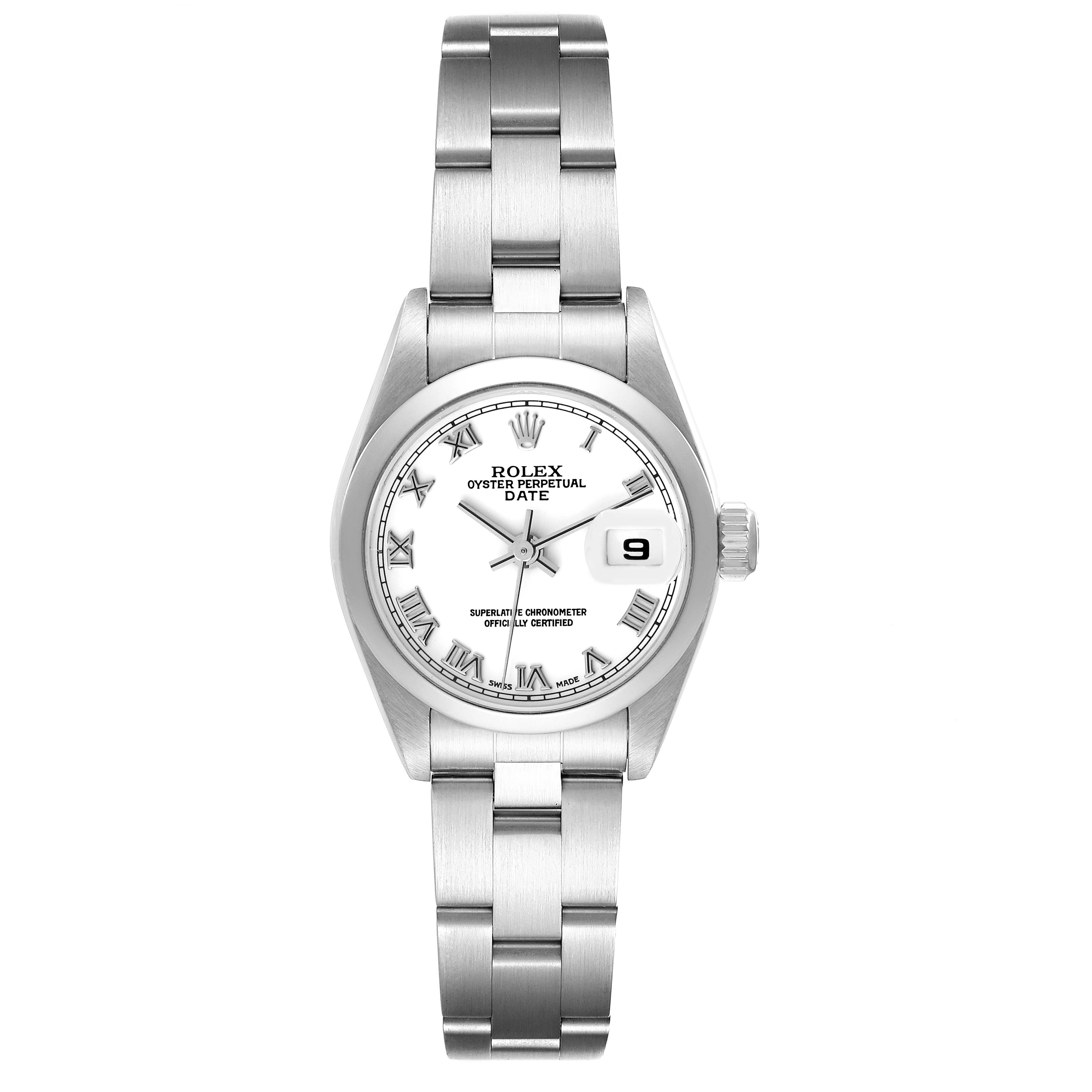 The image shows a front view of a Rolex Date 79160 Women
s Stainless Steel White Dial 79160 Women
s Stainless Steel White Dial model watch, highlighting the dial, bracelet, case, and date window.