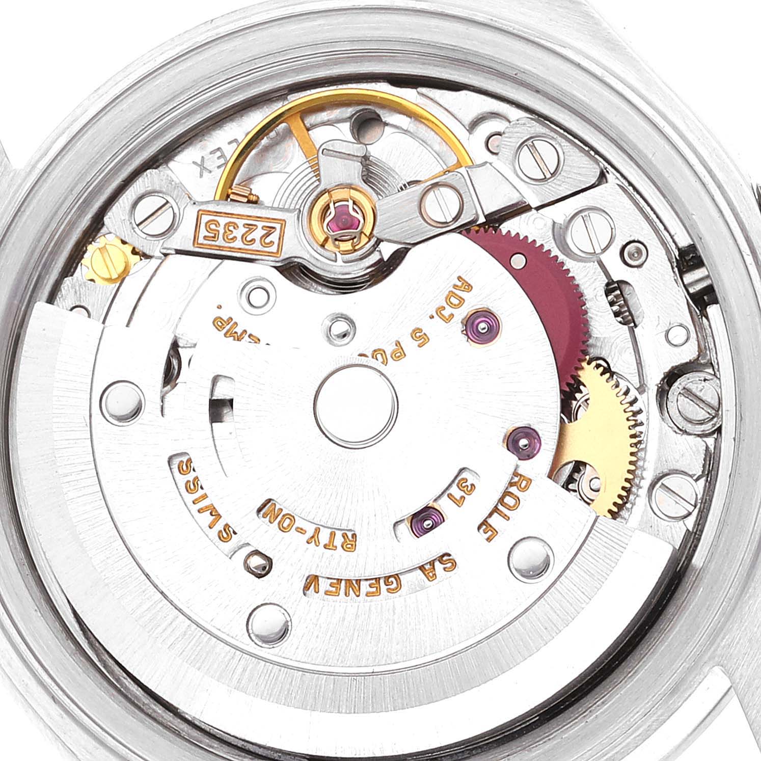 This image shows the movement mechanism of a Rolex Date 79160 Women
s Stainless Steel White Dial 79160 Women
s Stainless Steel White Dial model watch from a close-up, back view angle.