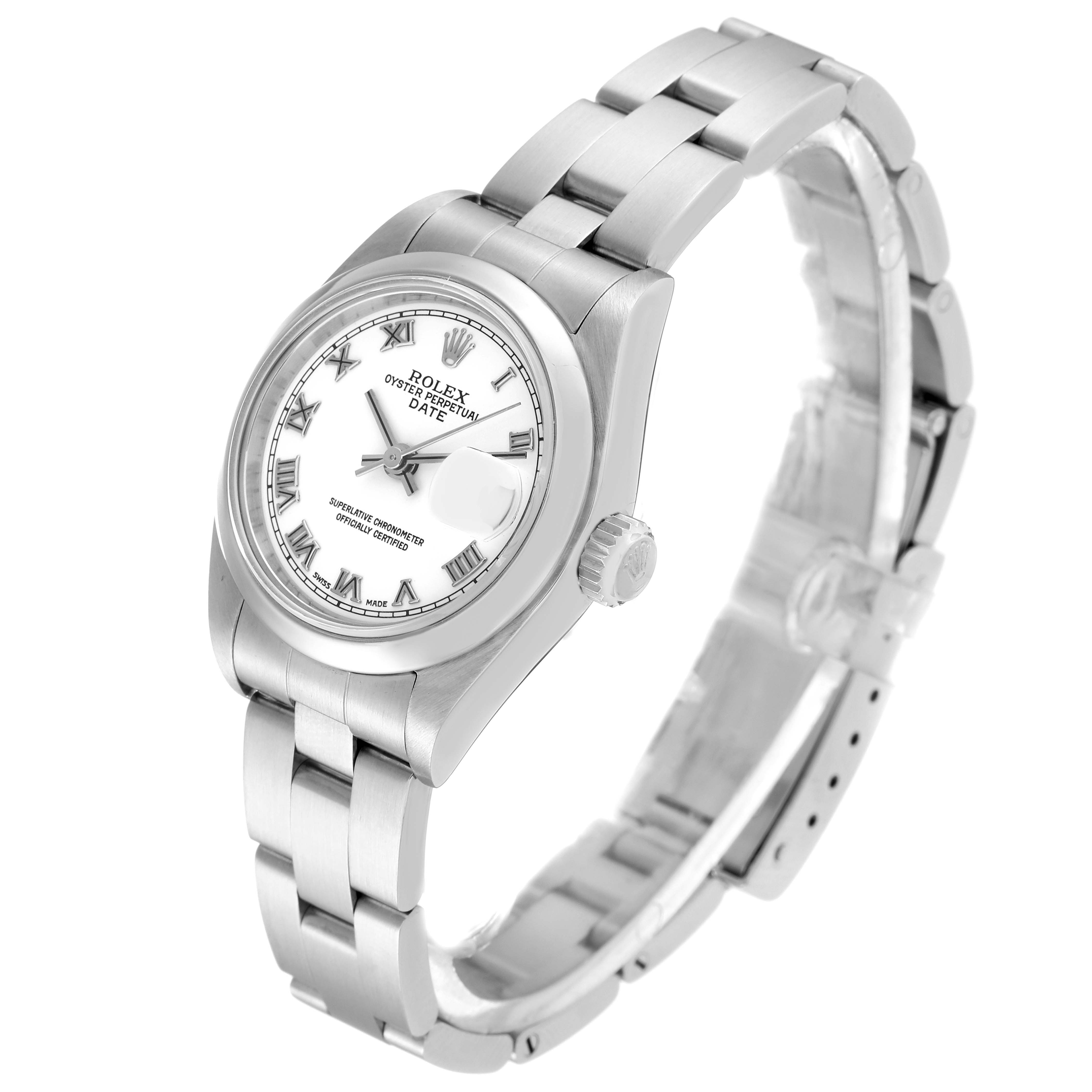 The image shows a Rolex Date 79160 Women
s Stainless Steel White Dial 79160 Women
s Stainless Steel White Dial model watch at a slight angle, displaying its face, bracelet, and crown.