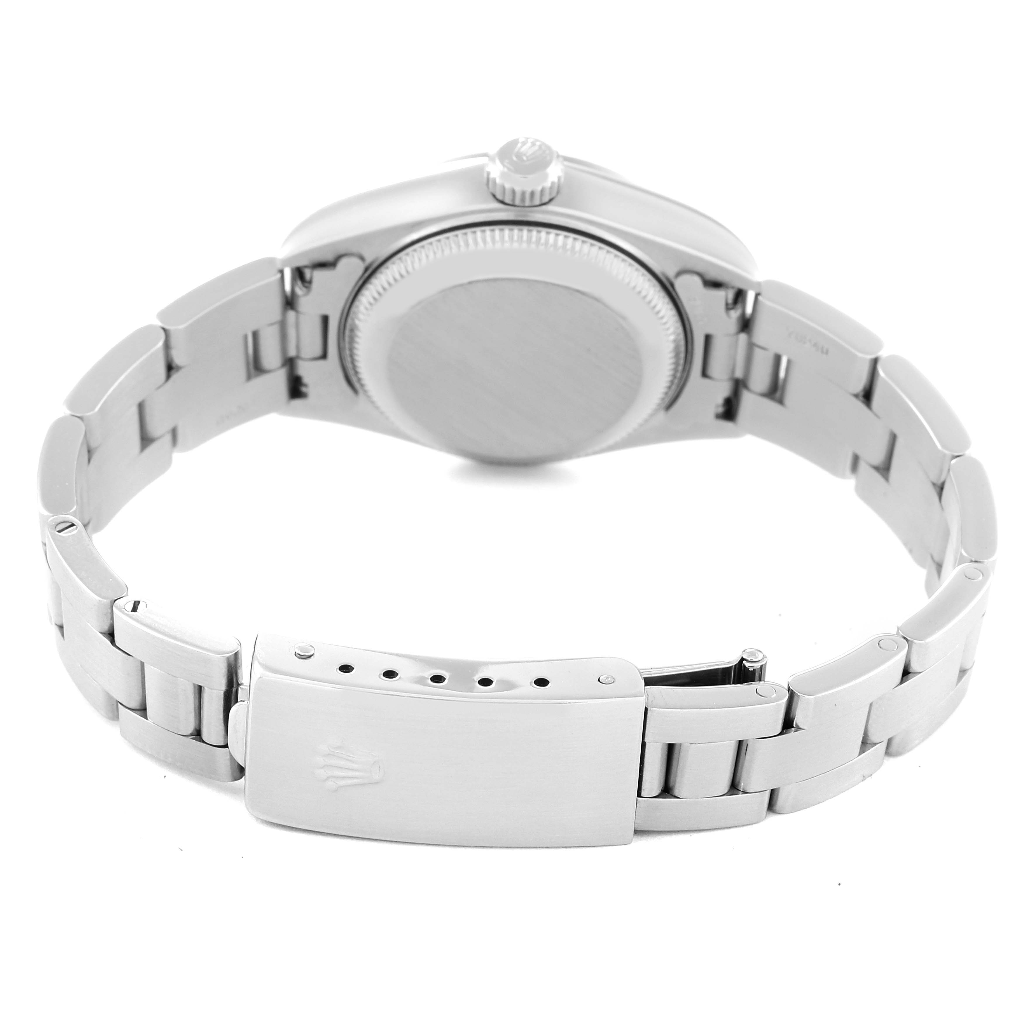 The image shows the back view of a Rolex Date 79160 Women
s Stainless Steel White Dial 79160 Women
s Stainless Steel White Dial model watch, highlighting the bracelet and the closed clasp.