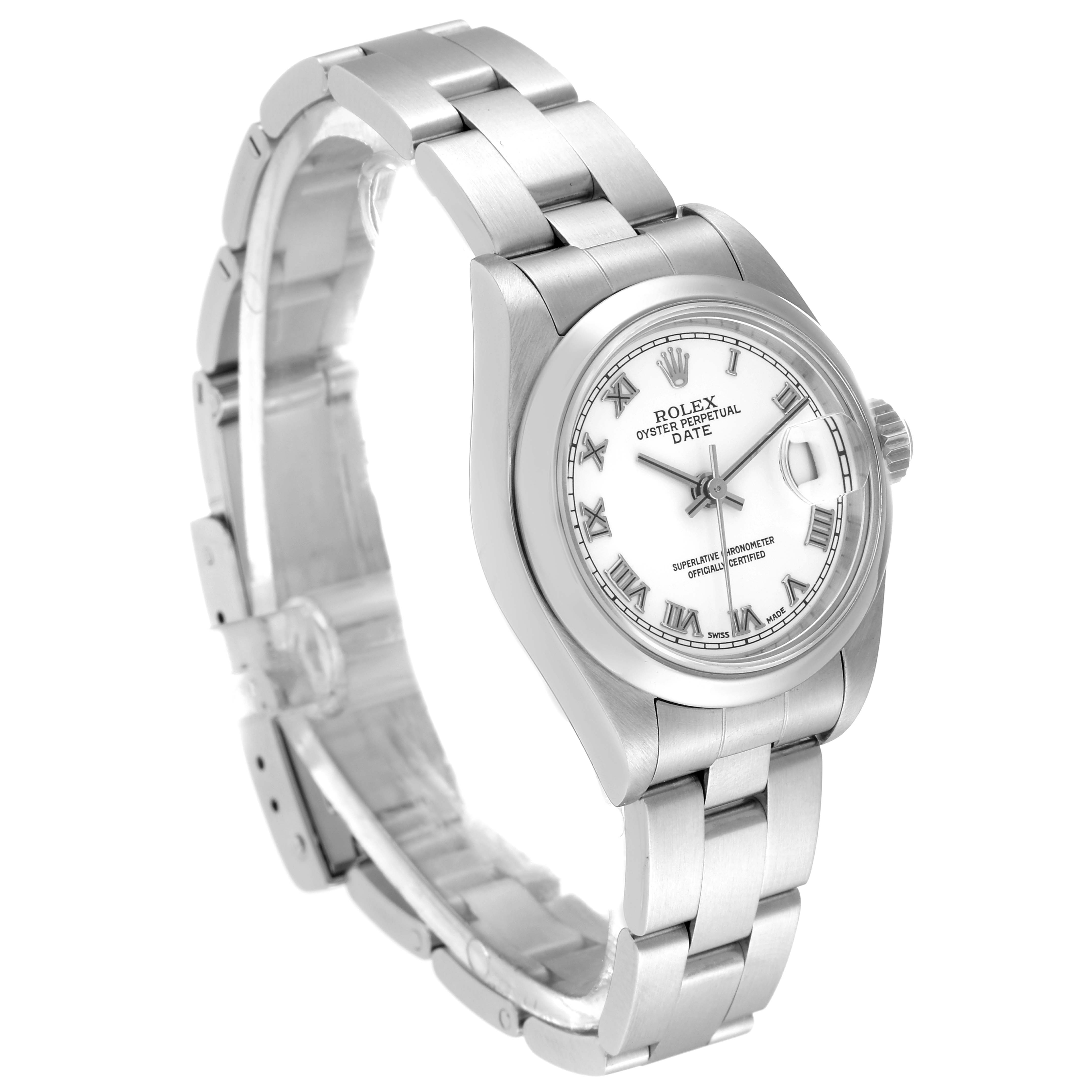 The image shows a Rolex Date 79160 Women
s Stainless Steel White Dial 79160 Women
s Stainless Steel White Dial model watch at a three-quarter angle, displaying the bracelet, dial, and crown.