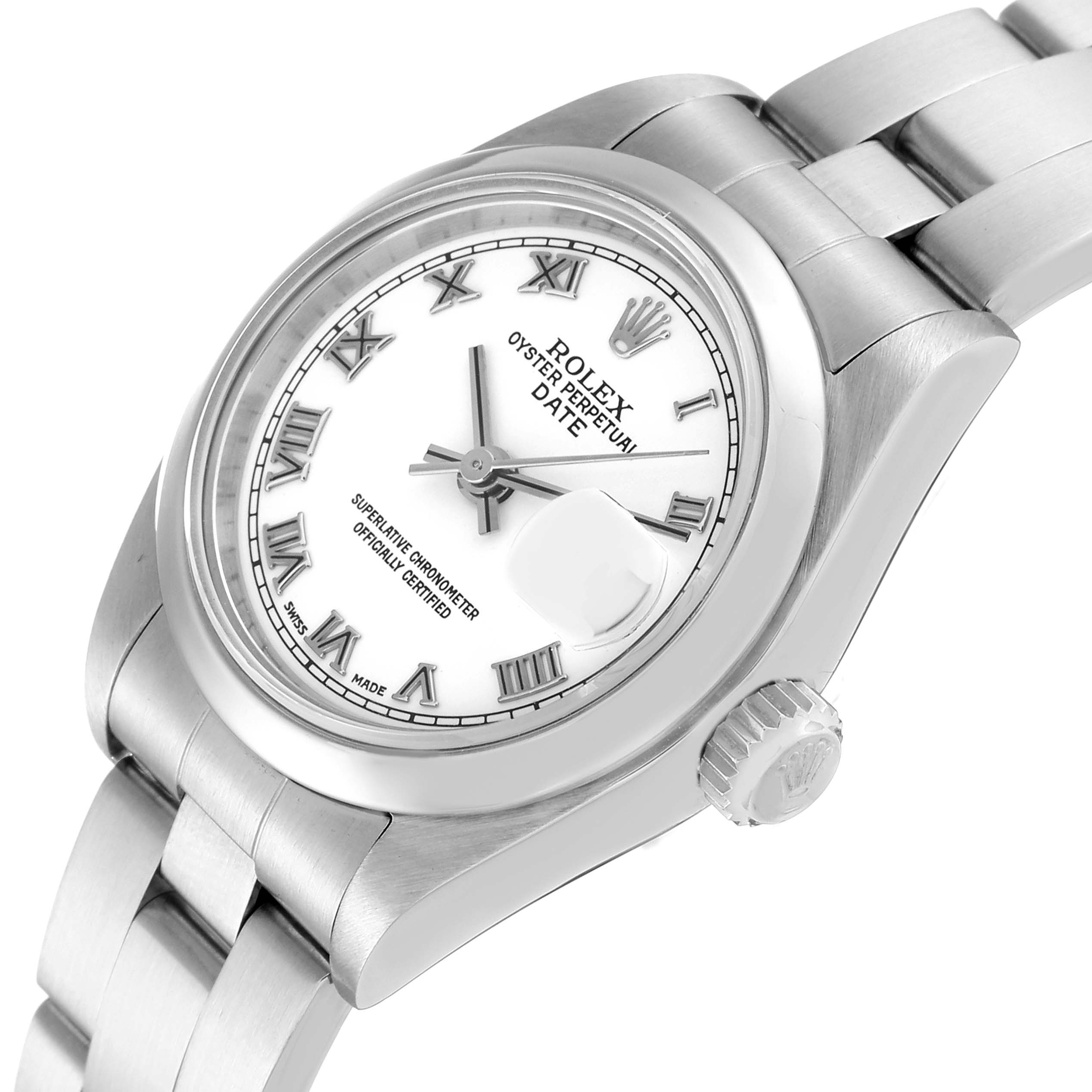 The image shows a Rolex Date 79160 Women
s Stainless Steel White Dial 79160 Women
s Stainless Steel White Dial watch at an angled view, highlighting the face, bezel, case, and a portion of the bracelet.