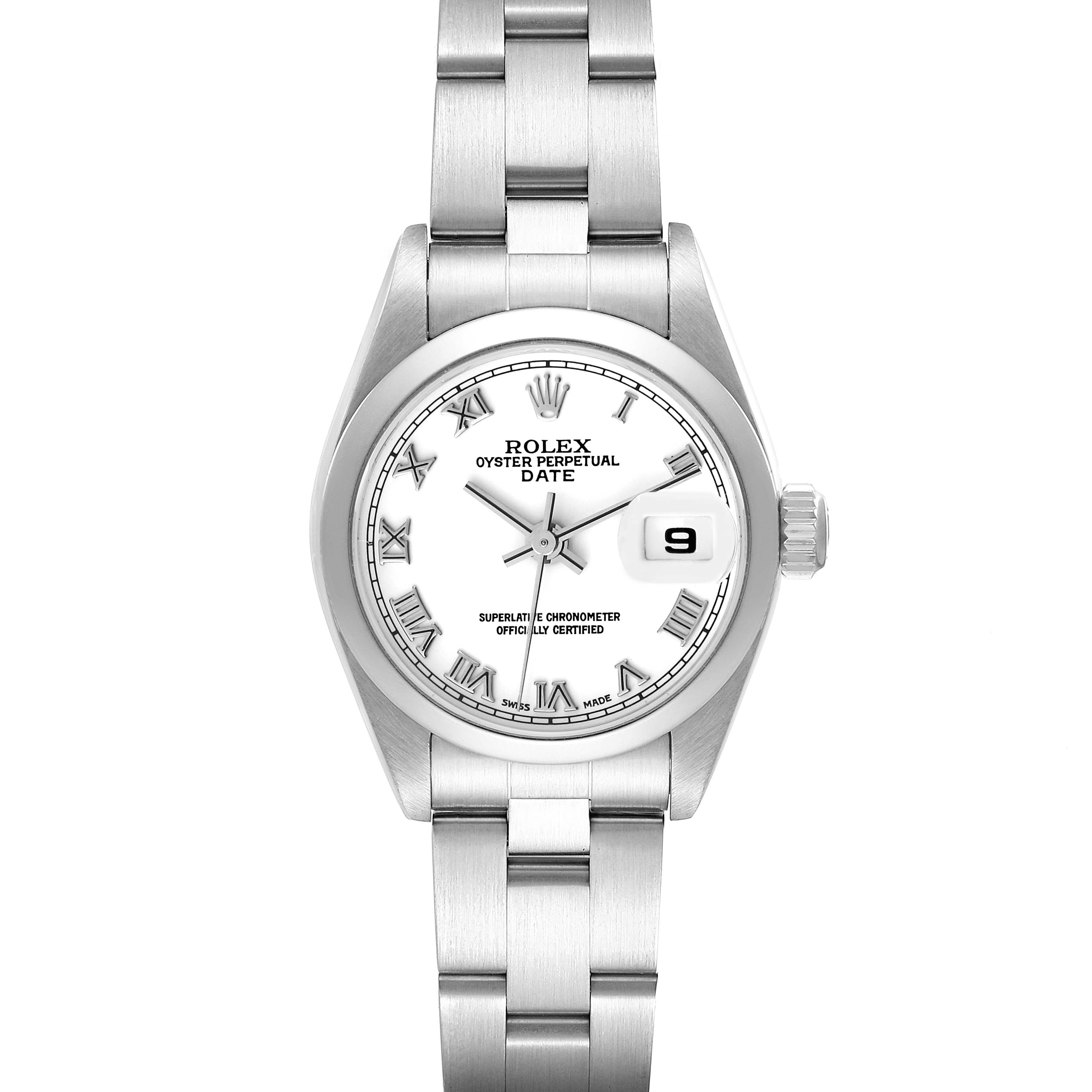 The image shows a front view of the Rolex Oyster Perpetual Date watch with a stainless steel case, bracelet, and white dial.