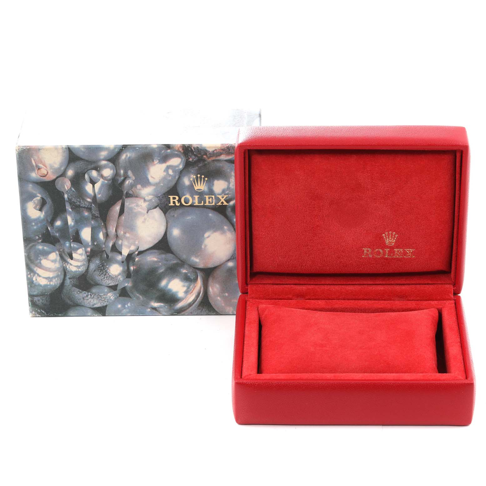 The image shows a Rolex Date 79160 Women
s Stainless Steel White Dial 79160 Women
s Stainless Steel White Dial model
s red watch box and outer packaging, viewed from the front.