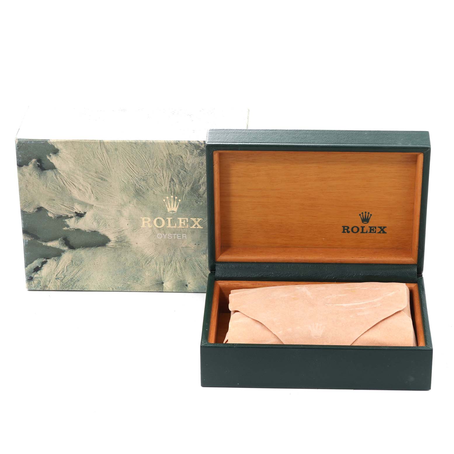 The image shows a Rolex President 16238 Men
s Yellow Gold Champagne Dial 16238 Men
s Yellow Gold Champagne Dial model watch box, with the inner wooden box and outer protective box displayed.