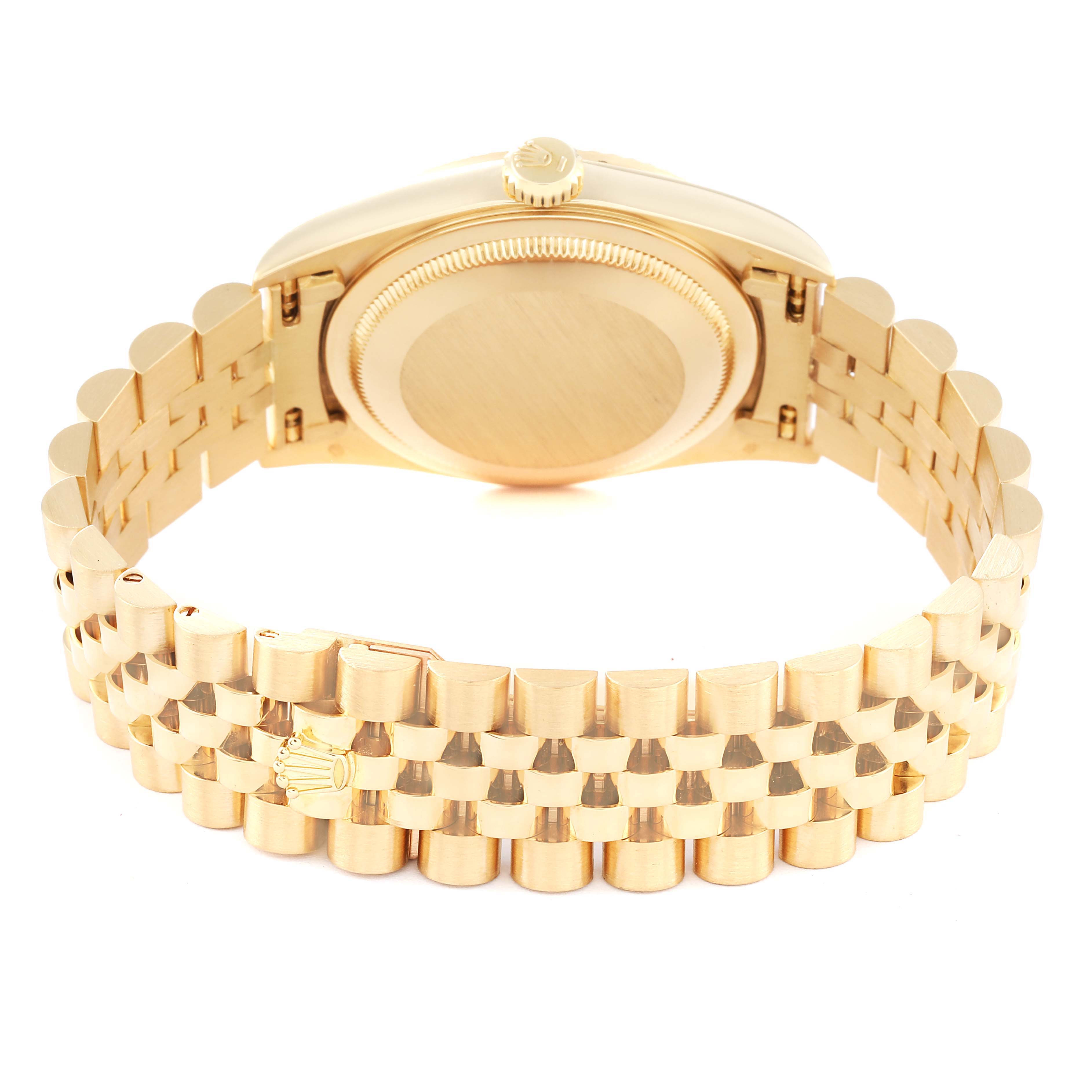 This image shows the back case and bracelet of a Rolex President 16238 Men
s Yellow Gold Champagne Dial 16238 Men
s Yellow Gold Champagne Dial model watch, viewed from the rear angle.