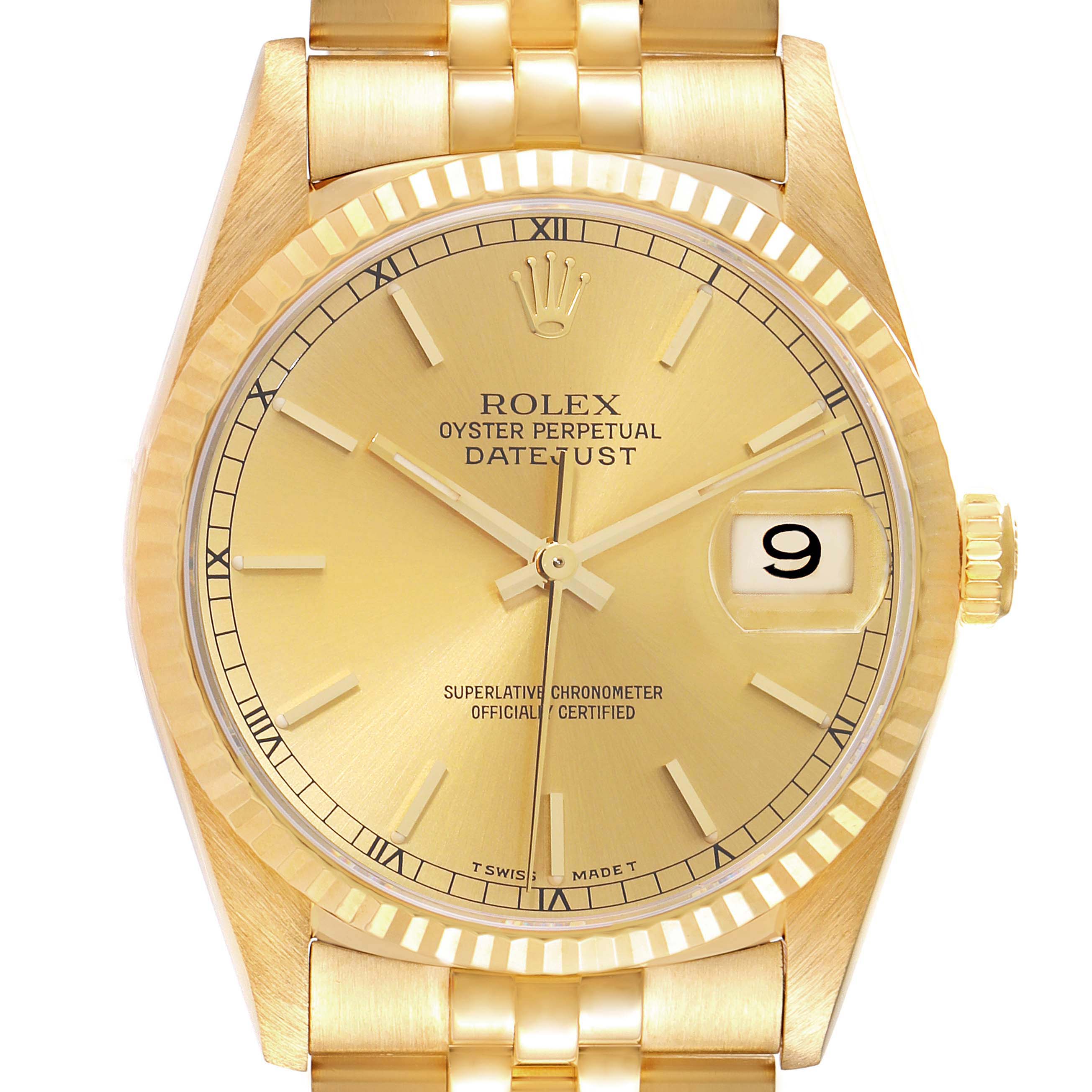 The image shows the face and upper part of the bracelet of a Rolex President 16238 Men
s Yellow Gold Champagne Dial 16238 Men
s Yellow Gold Champagne Dial model watch at a straight-on angle.