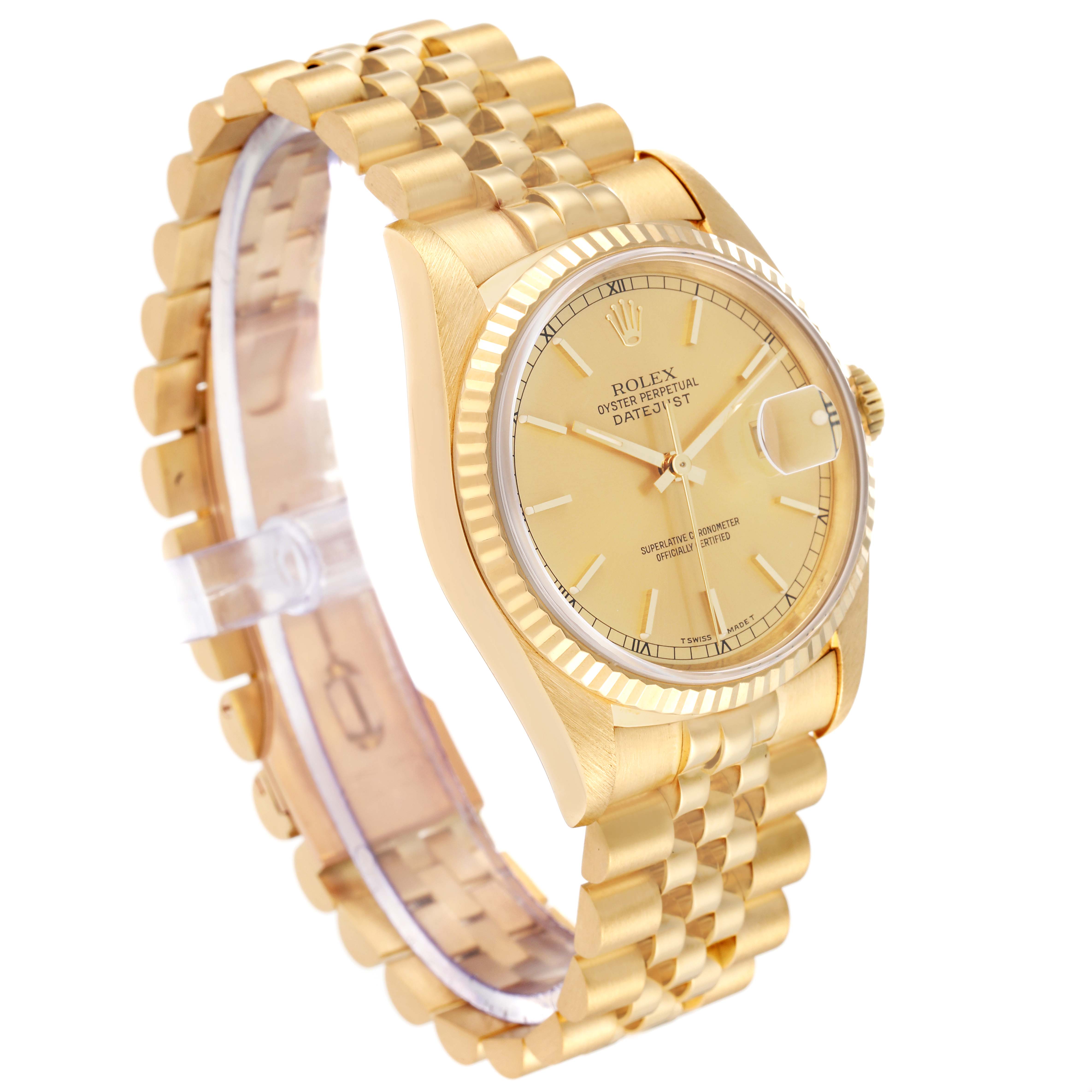 The Rolex President 16238 Men
s Yellow Gold Champagne Dial 16238 Men
s Yellow Gold Champagne Dial watch is shown at a three-quarter angle, highlighting the golden bracelet and dial with the date function.