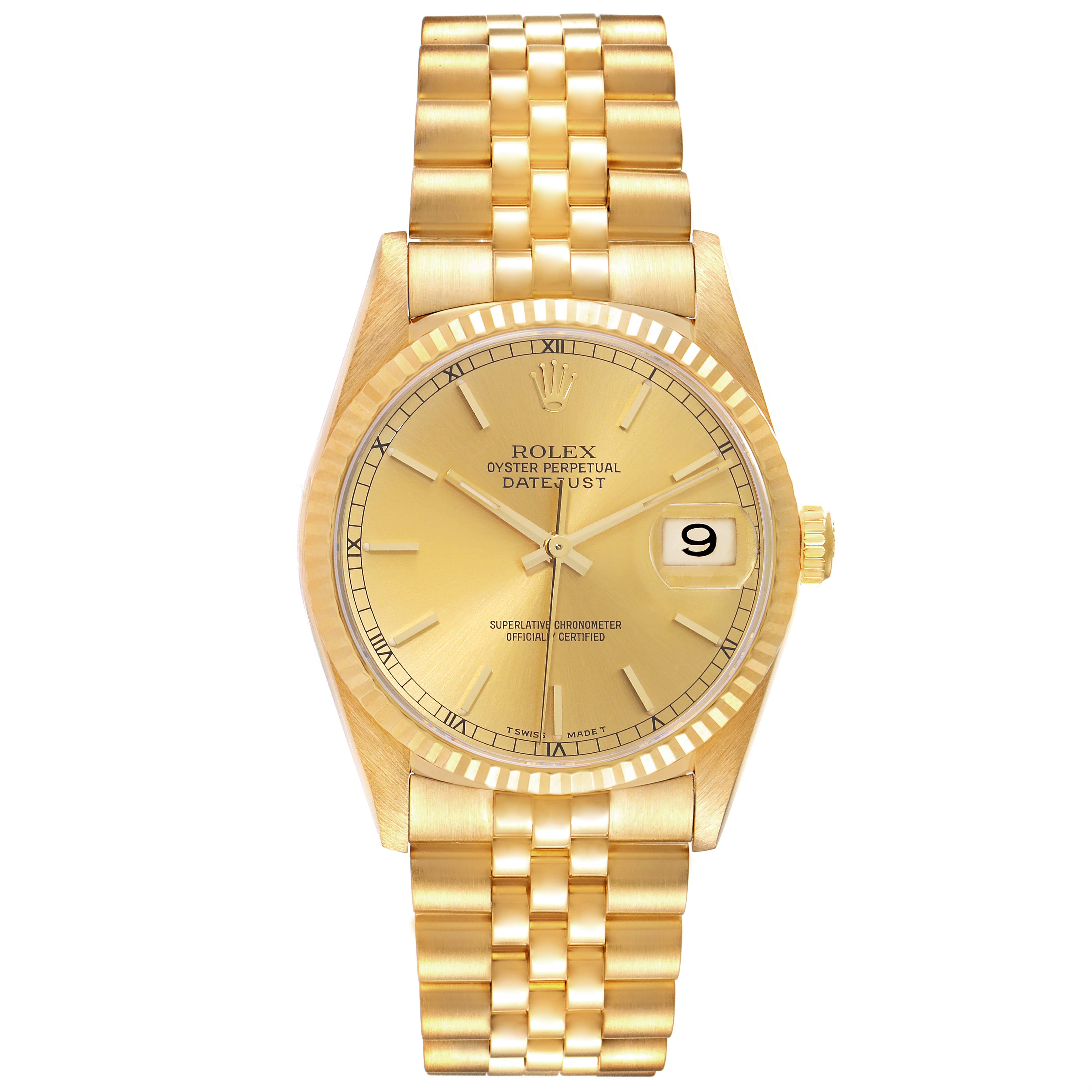 The image shows a front view of a Rolex President 16238 Men
s Yellow Gold Champagne Dial 16238 Men
s Yellow Gold Champagne Dial model watch, displaying its face, bracelet, and date window.