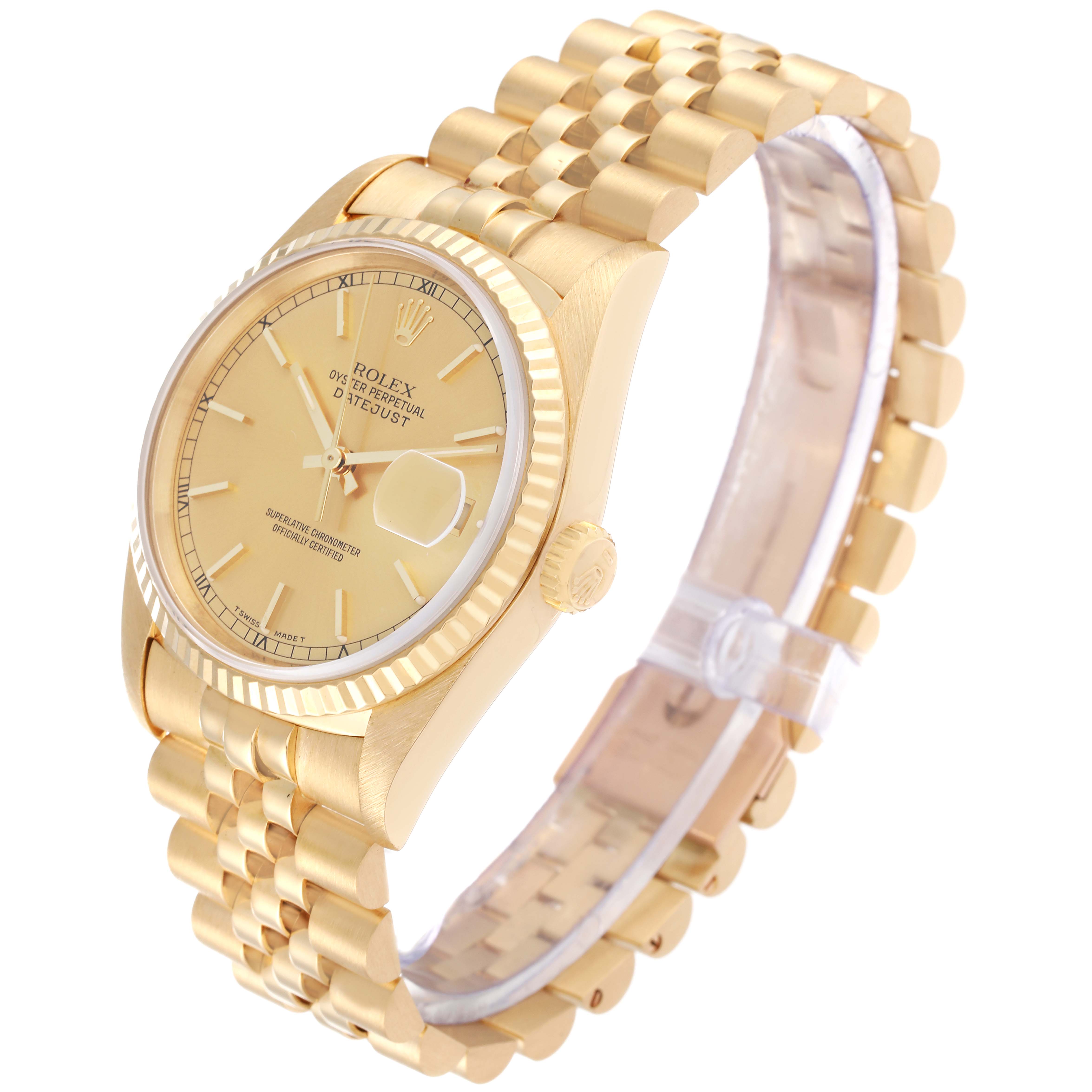 This image showcases a Rolex President 16238 Men
s Yellow Gold Champagne Dial 16238 Men
s Yellow Gold Champagne Dial model watch from a slight angled view, displaying its gold bracelet and dial prominently.