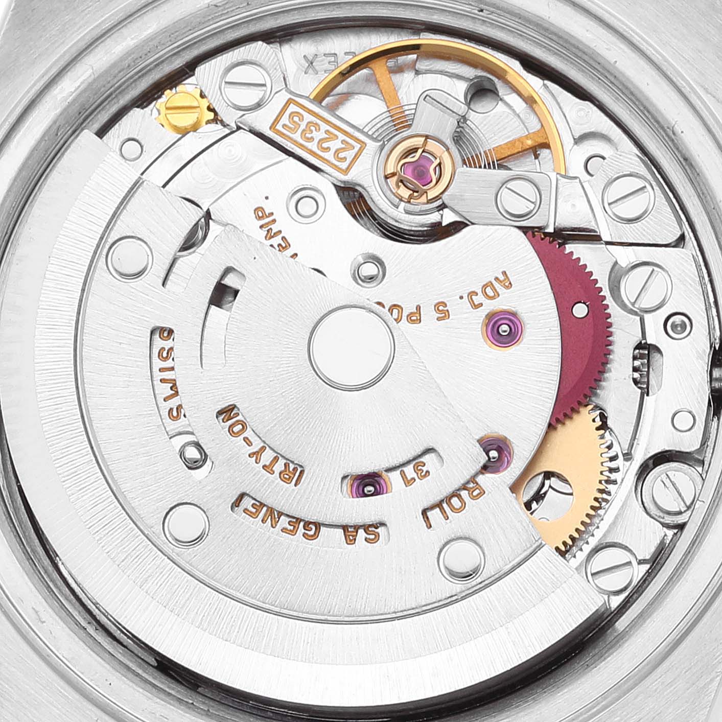 The image shows the intricate internal mechanism of a Rolex Datejust 79174 Women's Stainless Steel Silver Dial 79174 Women's Stainless Steel Silver Dial watch, viewed from the back.