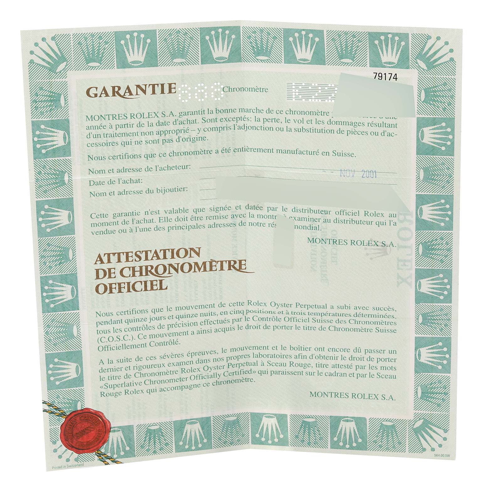 The image shows a guarantee certificate and official chronometer attestation for a Rolex Datejust 79174 Women's Stainless Steel Silver Dial 79174 Women's Stainless Steel Silver Dial model.