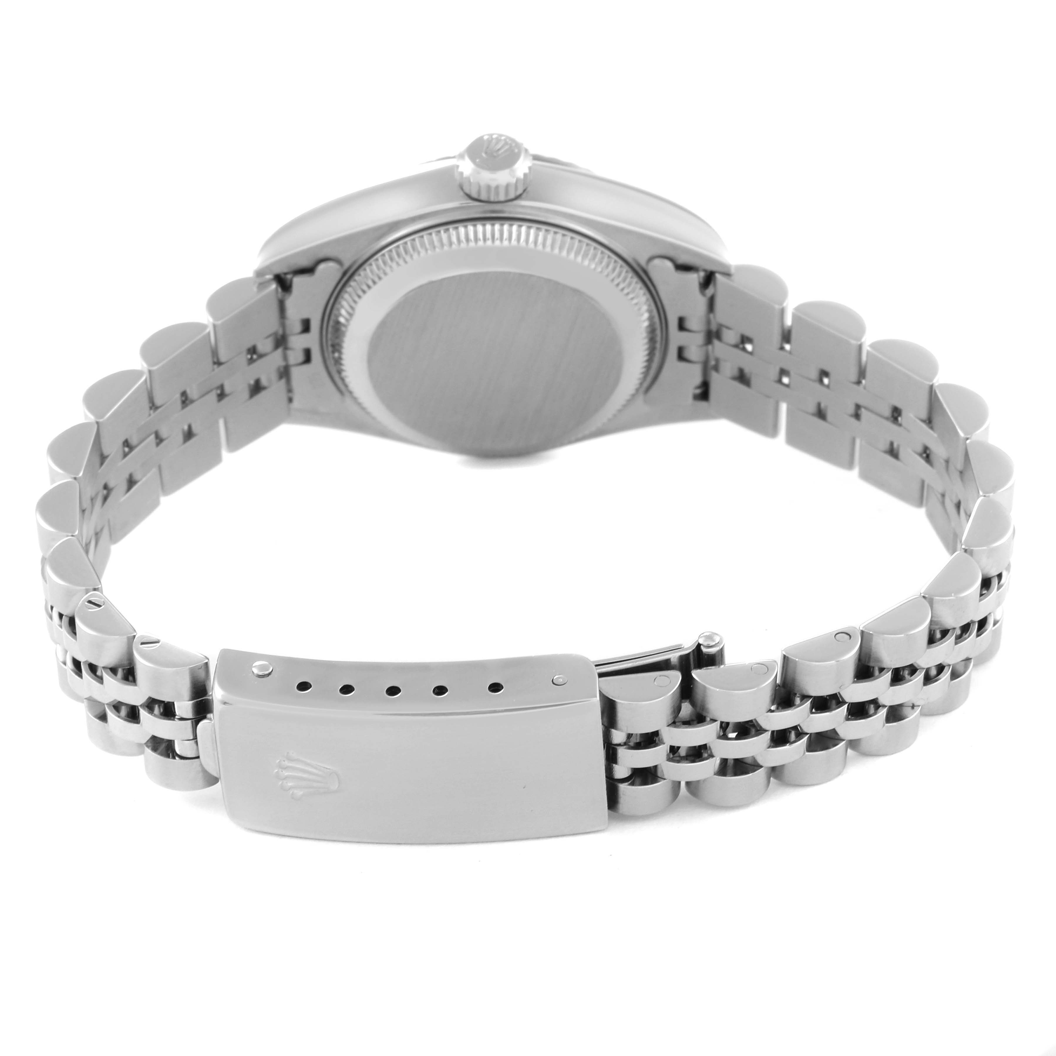 This image shows the back view of the Rolex Datejust 79174 Women's Stainless Steel Silver Dial 79174 Women's Stainless Steel Silver Dial watch, highlighting its case back, crown, and Jubilee bracelet.