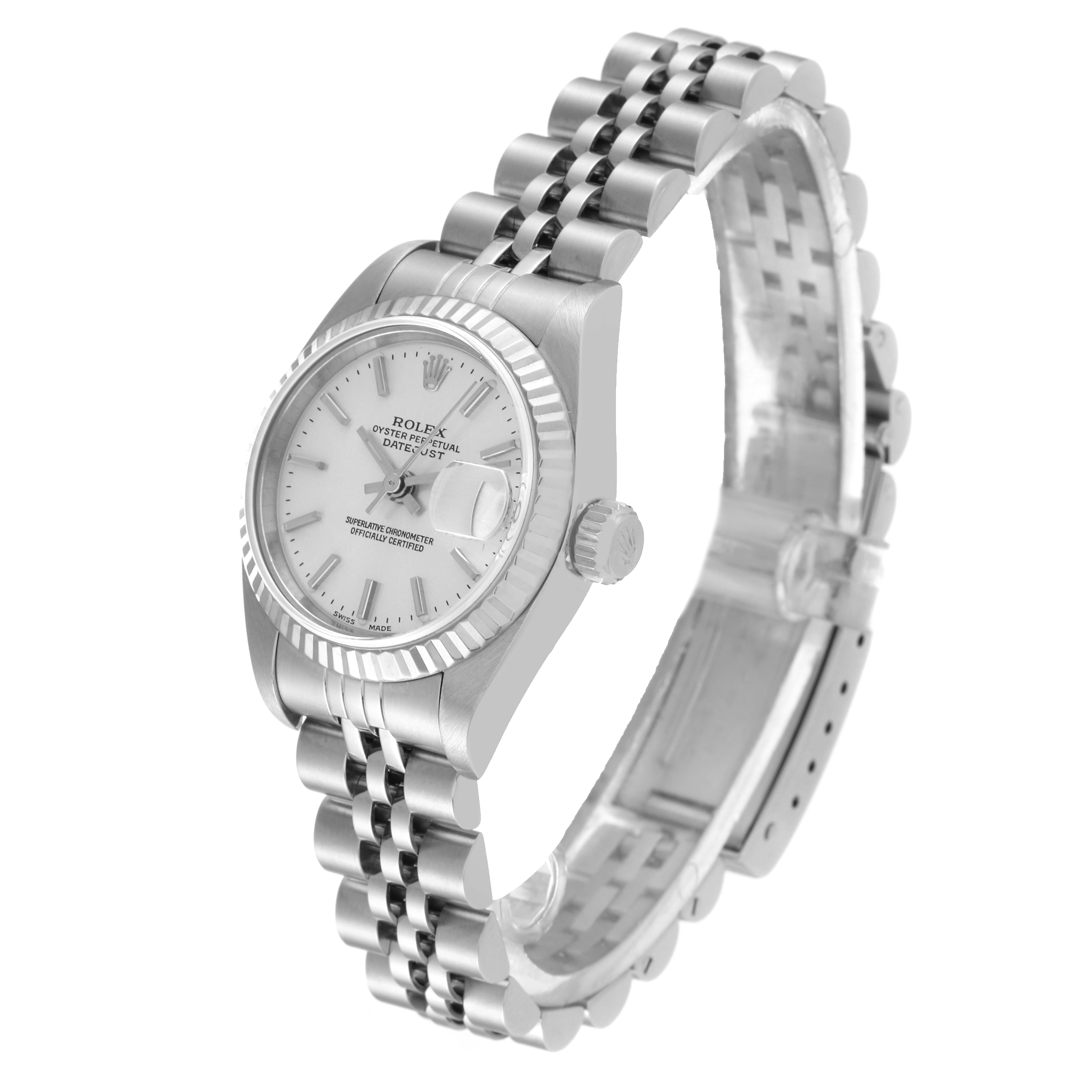 The image shows a Rolex Datejust 79174 Women's Stainless Steel Silver Dial 79174 Women's Stainless Steel Silver Dial watch angled slightly to display the face, bezel, and bracelet.
