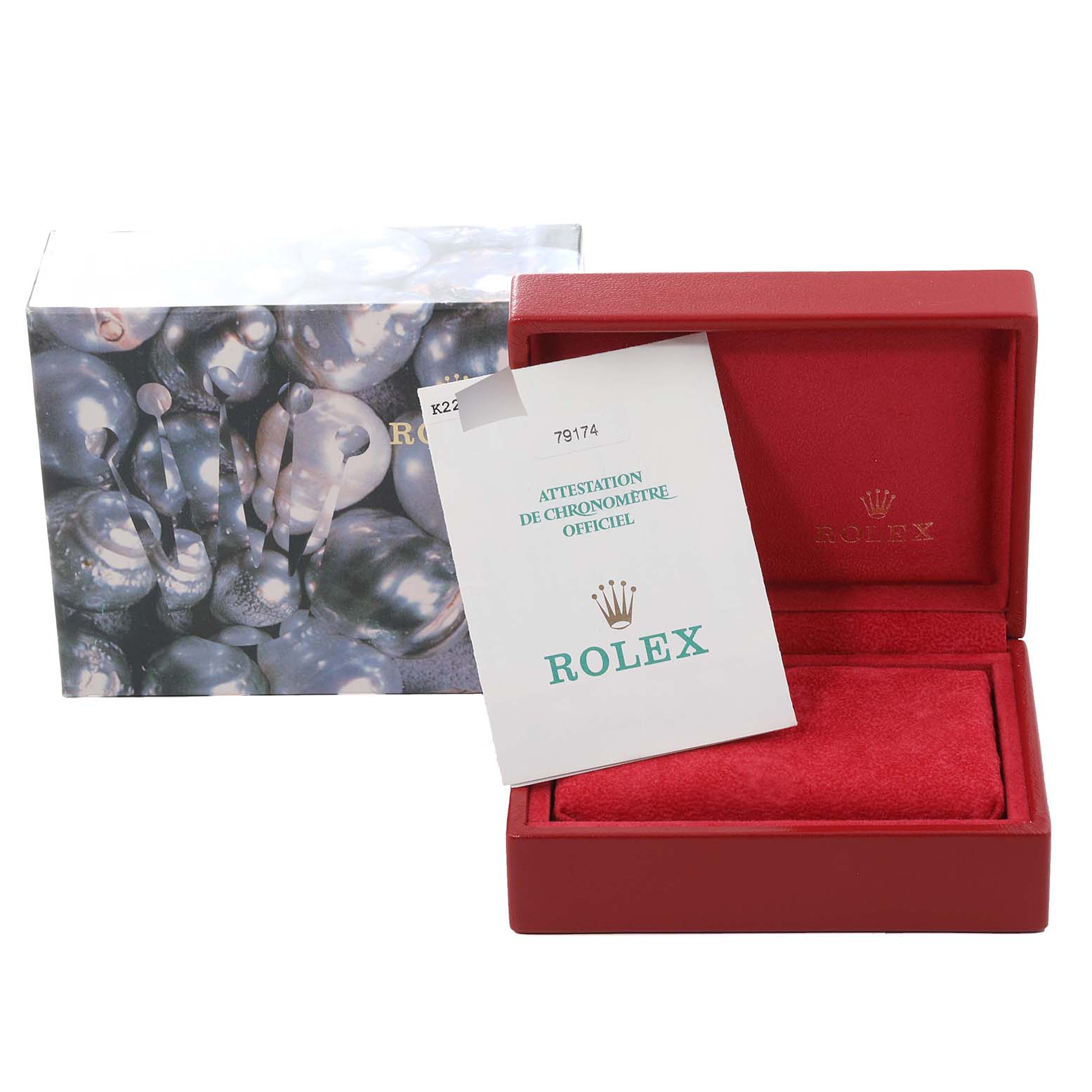 This image shows a Rolex Datejust 79174 Women's Stainless Steel Silver Dial 79174 Women's Stainless Steel Silver Dial watch box, a certificate, and the packaging.