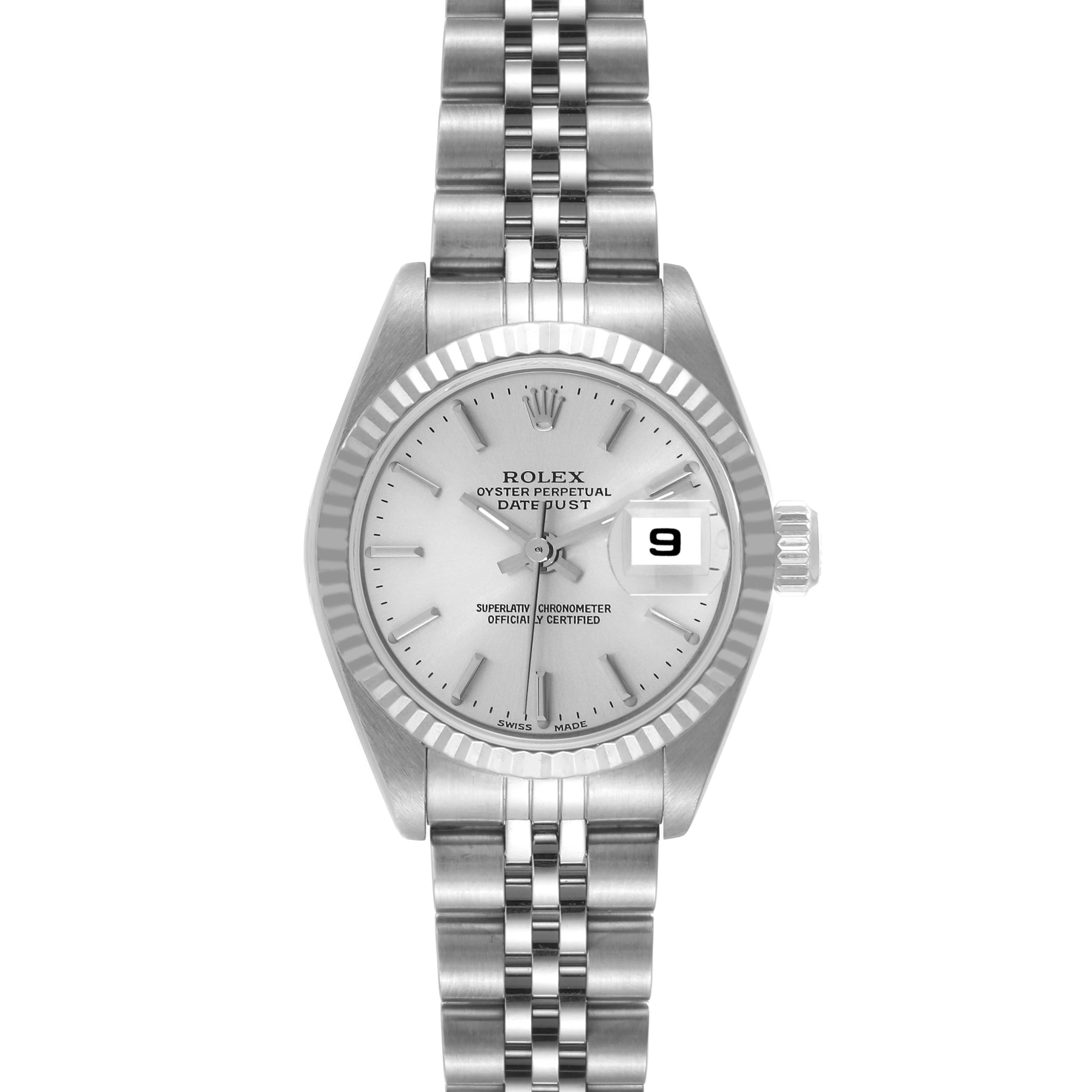 This image shows a Rolex Datejust 79174 Women's Stainless Steel Silver Dial 79174 Women's Stainless Steel Silver Dial watch from a front angle including its face, bezel, and bracelet.