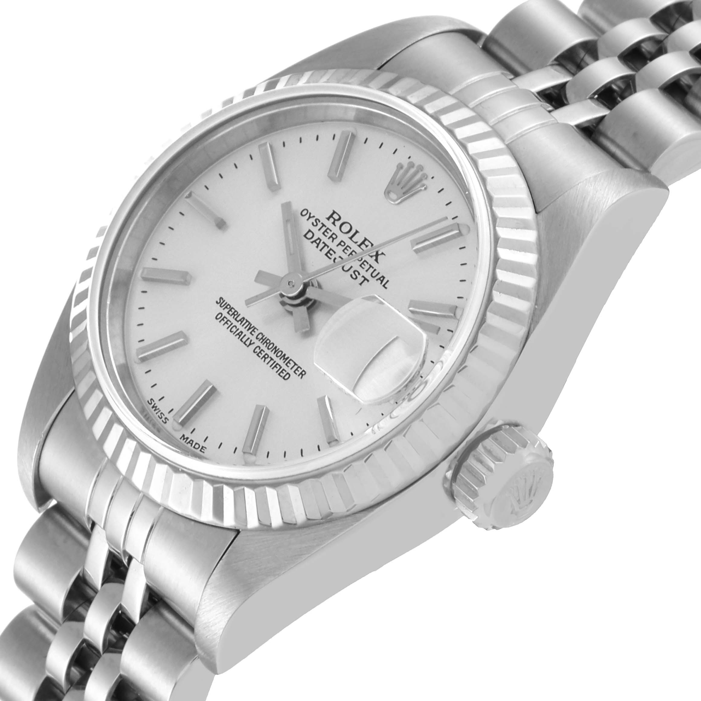 The image shows a close-up angled view of the Rolex Datejust 79174 Women's Stainless Steel Silver Dial 79174 Women's Stainless Steel Silver Dial watch, highlighting the dial, bezel, crown, and part of the bracelet.