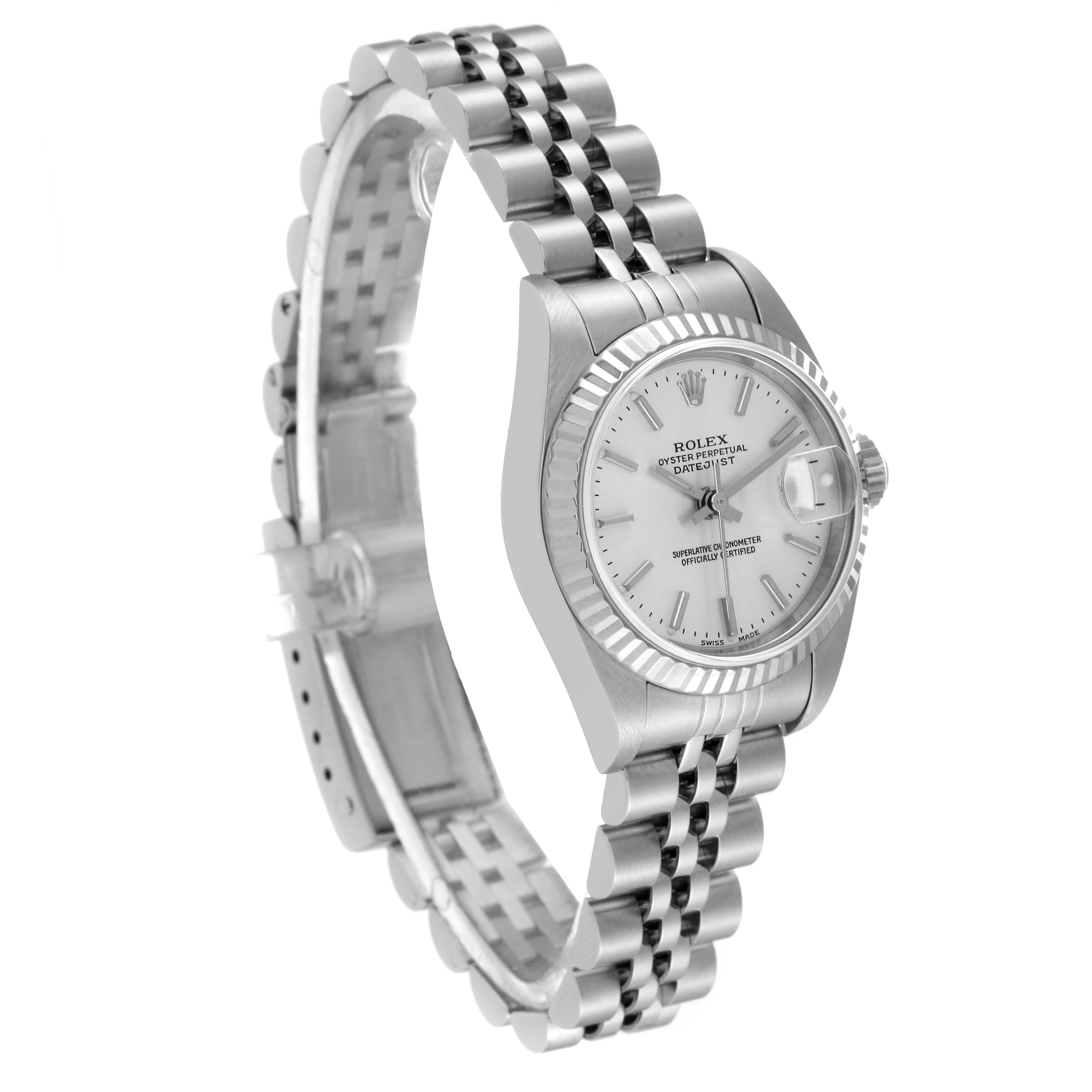 The image shows a side angle of a Rolex Datejust 79174 Women's Stainless Steel Silver Dial 79174 Women's Stainless Steel Silver Dial watch, highlighting its jubilee bracelet, fluted bezel, and dial with date window.