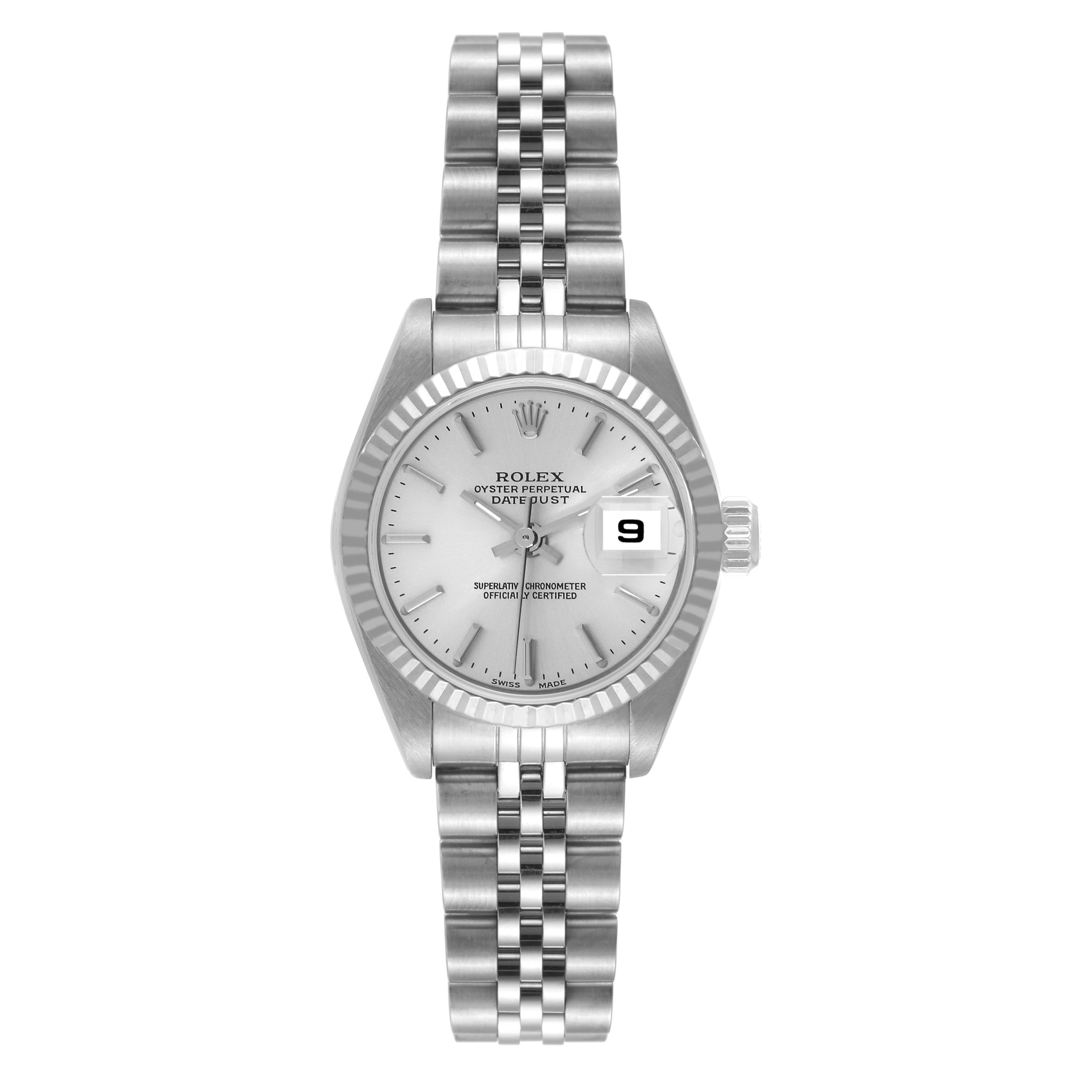 This image shows a frontal view of the Rolex Datejust 79174 Women's Stainless Steel Silver Dial 79174 Women's Stainless Steel Silver Dial watch, displaying the dial, bezel, crown, and bracelet.