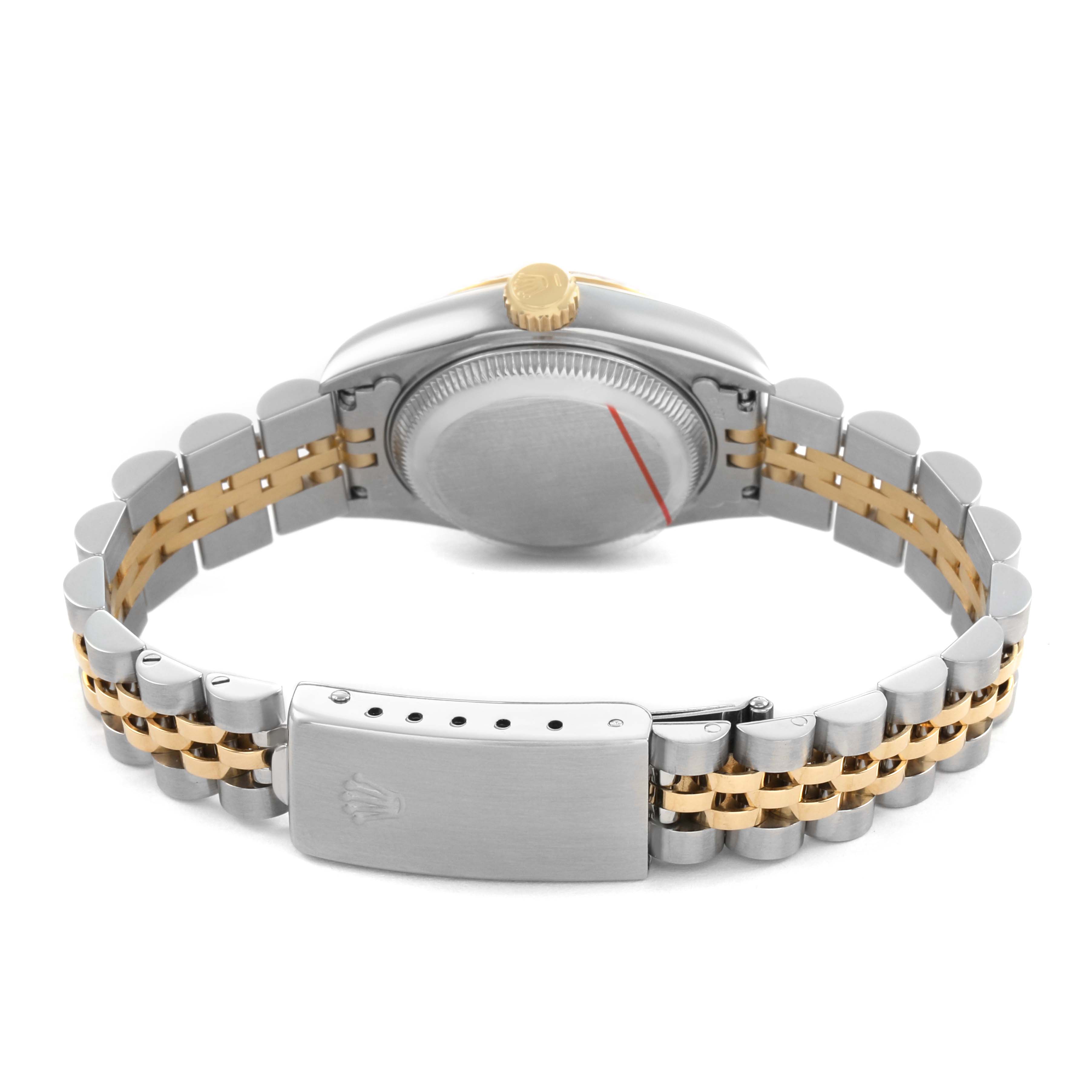 The image shows the back view of a Rolex Datejust 69173 Women's Steel and Gold (two tone) Champagne Dial, highlighting the case back, crown, and two-tone bracelet with clasp.
