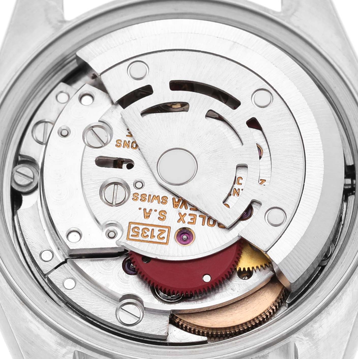 The image shows the movement mechanism of a Rolex Datejust 69173 Women's Steel and Gold (two tone) Champagne Dial watch from a top-down angle.