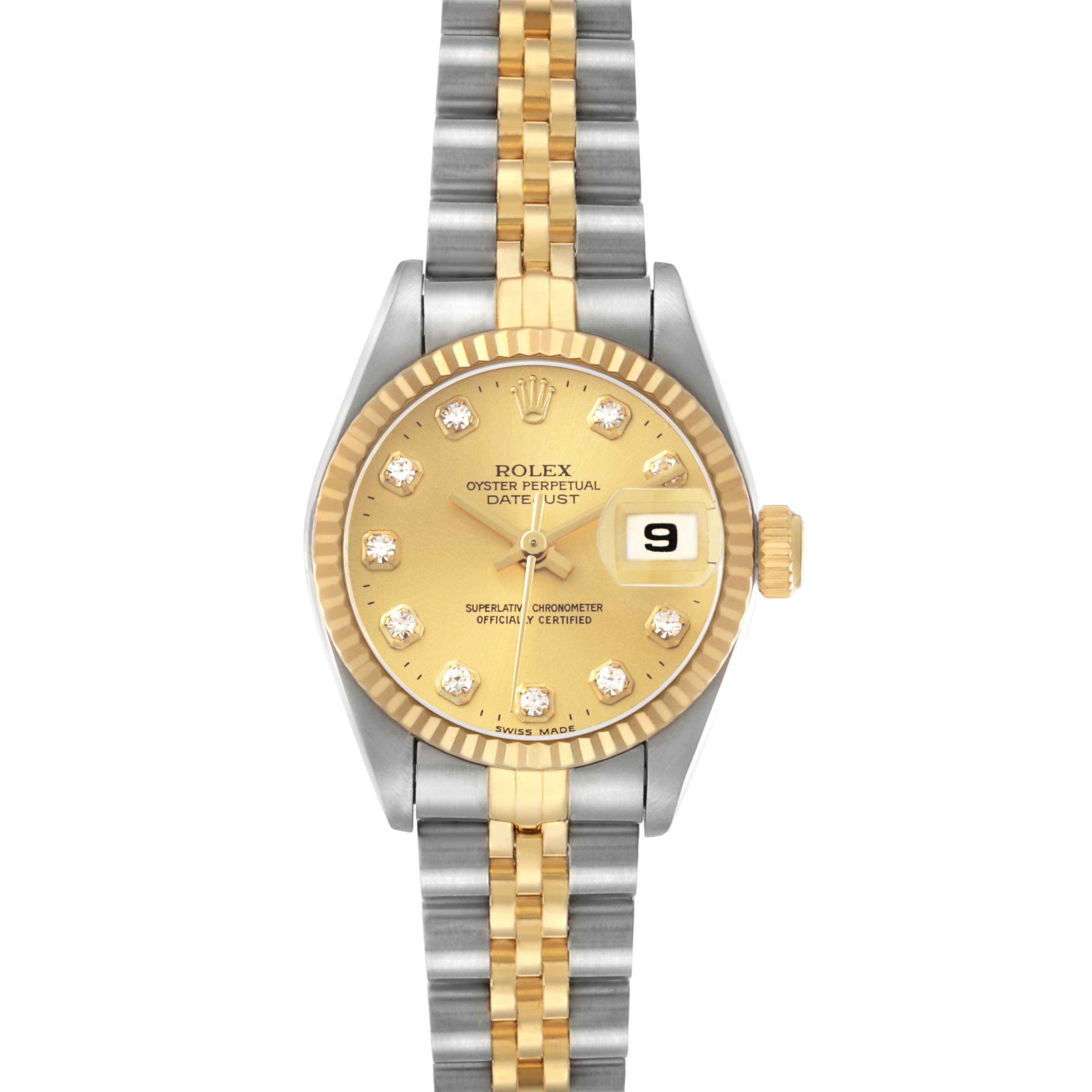 The Rolex Datejust 69173 Women's Steel and Gold (two tone) Champagne Dial is shown from a top-down angle, highlighting the dial, bezel, and two-tone bracelet.
