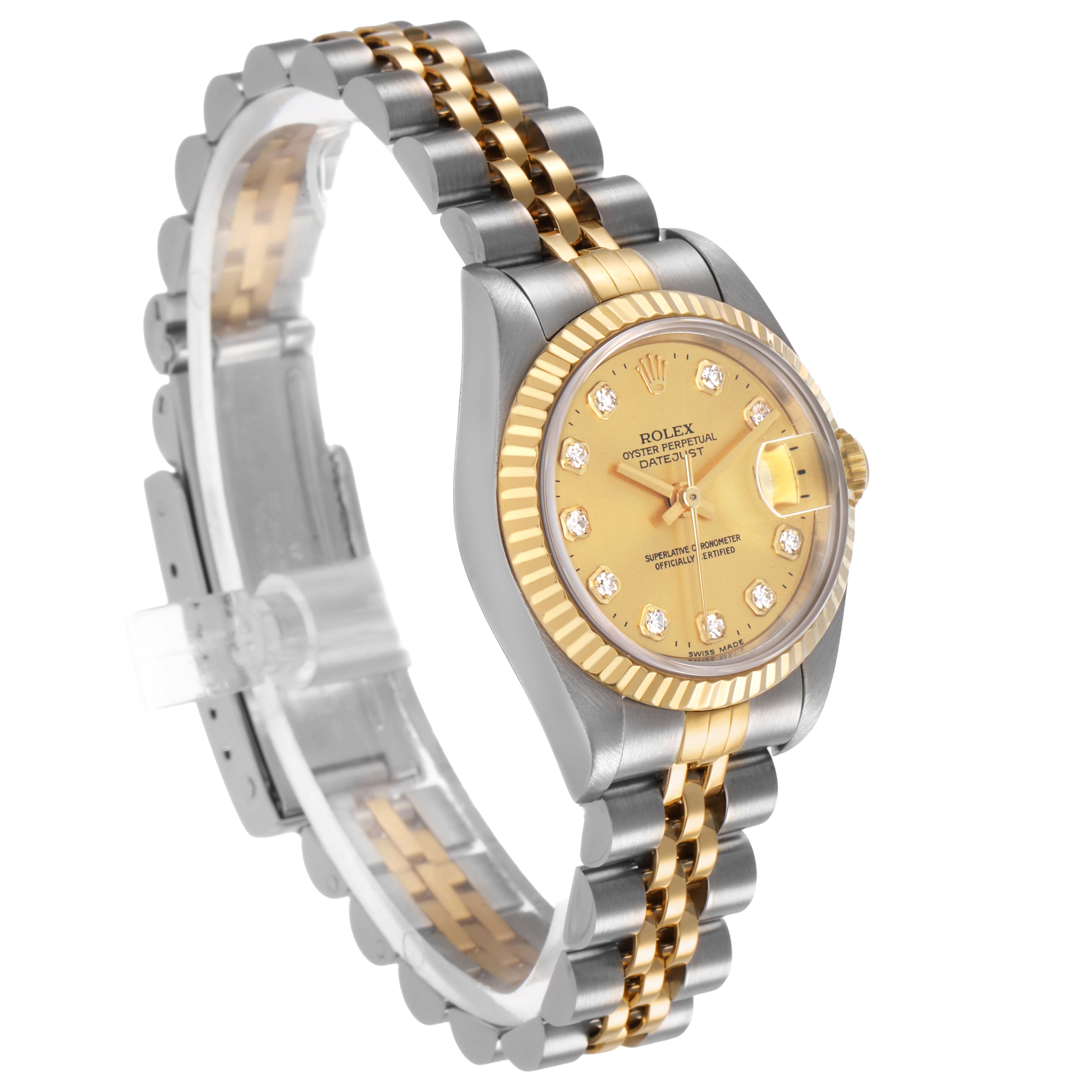 The Rolex Datejust 69173 Women's Steel and Gold (two tone) Champagne Dial watch is shown at a slight angle, highlighting the two-tone bracelet and diamond-set dial.