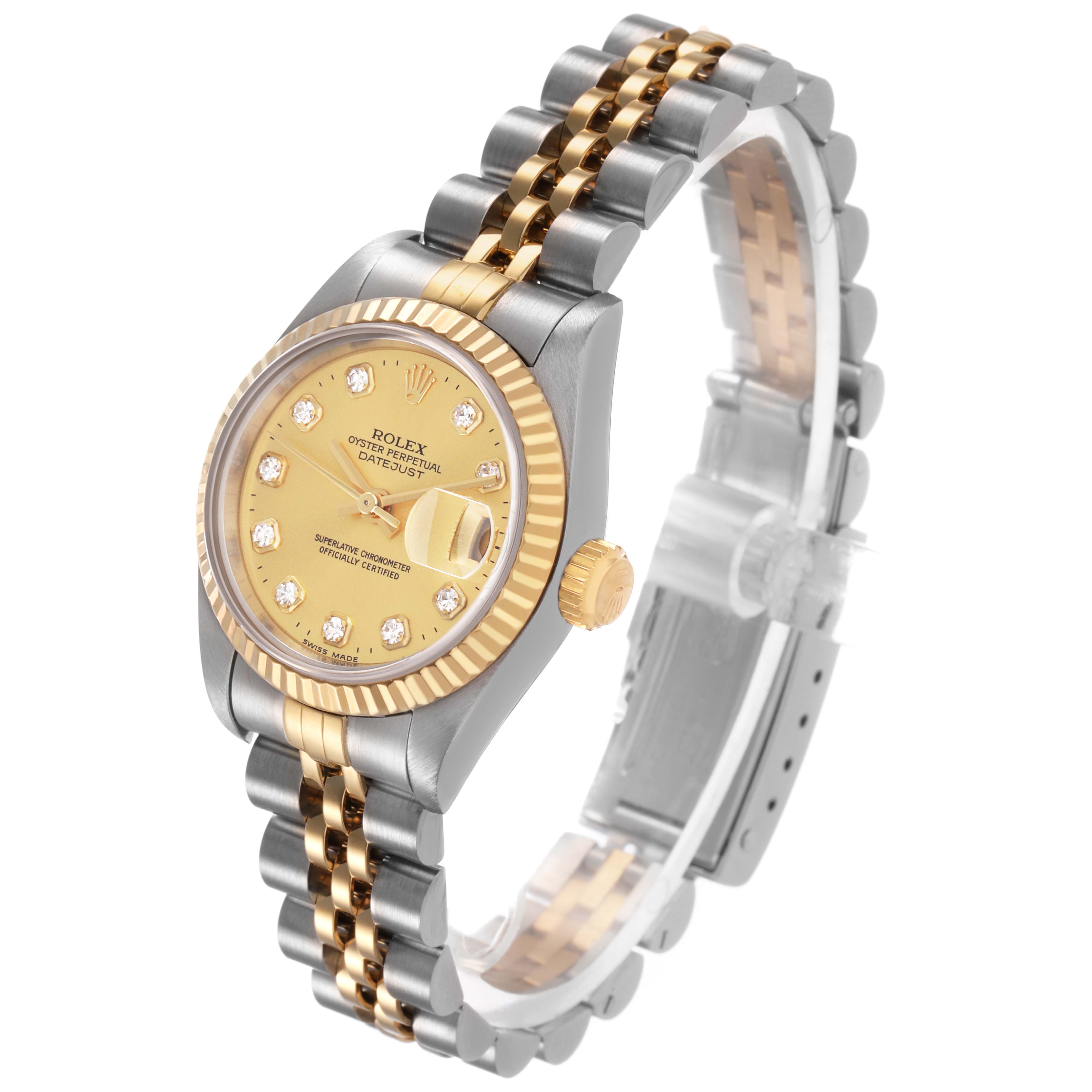 The Rolex Datejust 69173 Women's Steel and Gold (two tone) Champagne Dial watch is shown at a three-quarter angle, highlighting the gold dial, fluted bezel, and two-tone Jubilee bracelet.