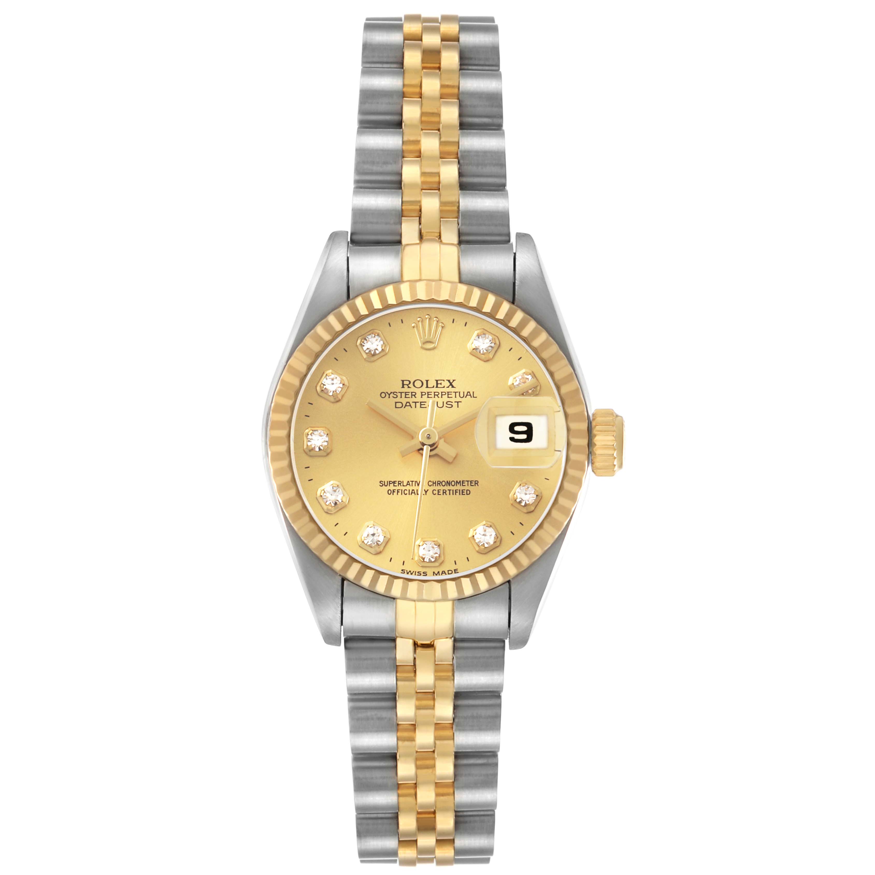 The Rolex Datejust 69173 Women's Steel and Gold (two tone) Champagne Dial watch is shown from a front angle, highlighting its gold dial, diamond markers, fluted bezel, and two-tone bracelet.