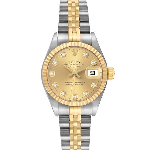 The Rolex Datejust 79173 Women's Steel and Gold (two tone) Champagne Dial watch is shown from the front, displaying the face, two-tone bracelet, and bezel.